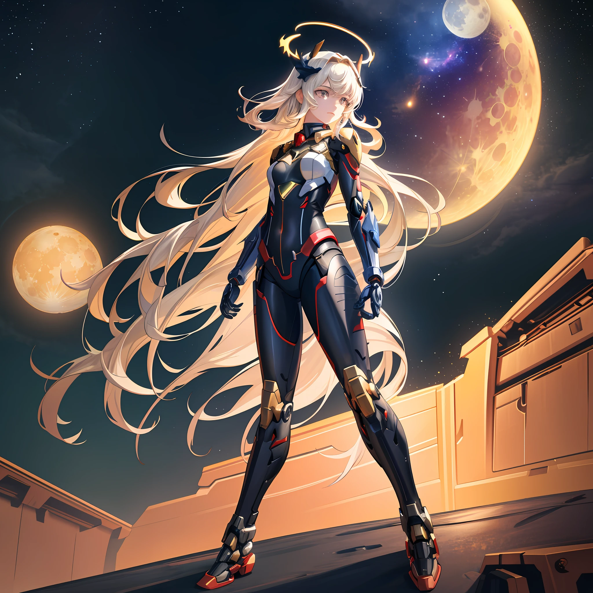 masterpiece,photorealistic,realistic,best quality,highres,extremely detailed CG wallpaper,detailed face,1girl,very long hair,floating hair,small breasts,full body,bokeh,cinematic lighting,chiaroscuro,mecha musume, headgear,mechanical arms, bodysuit,moon,starry sky,galaxy,mechanical horns,mechanical halo,