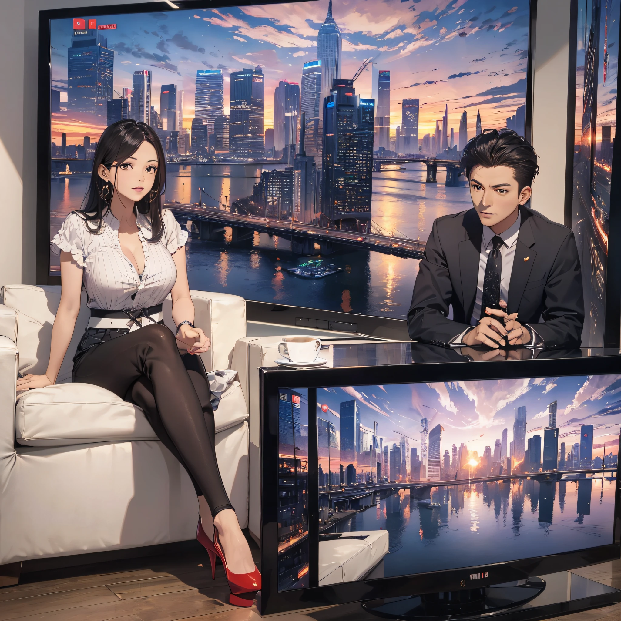 Absurd resolution, high resolution, (masterpiece: 1.4), hyper-detail, TV hostess is explaining the news, sitting, serious expression, big screen