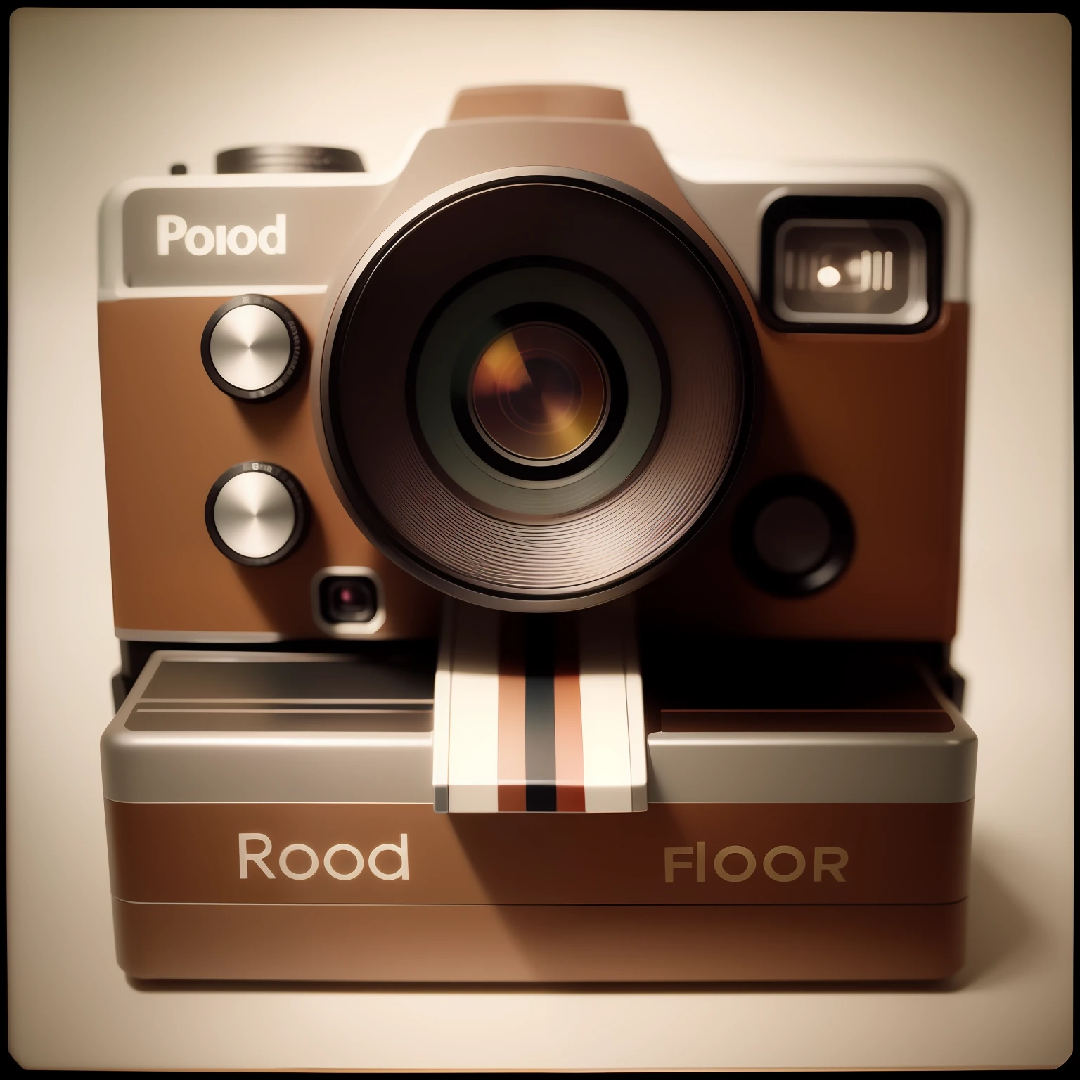 Vintage futuristic, camera close-up with white background and brown and white camera, color film camera, polaroid camera, 8 0s camera, instant photography, film camera style, vintage camera, vintage polaroid, new polaroid, iPhone camera, analog camera, toy camera, film camera, kodak chrome camera, polaroid, [realistic photo]!, kodak brownie camera --auto