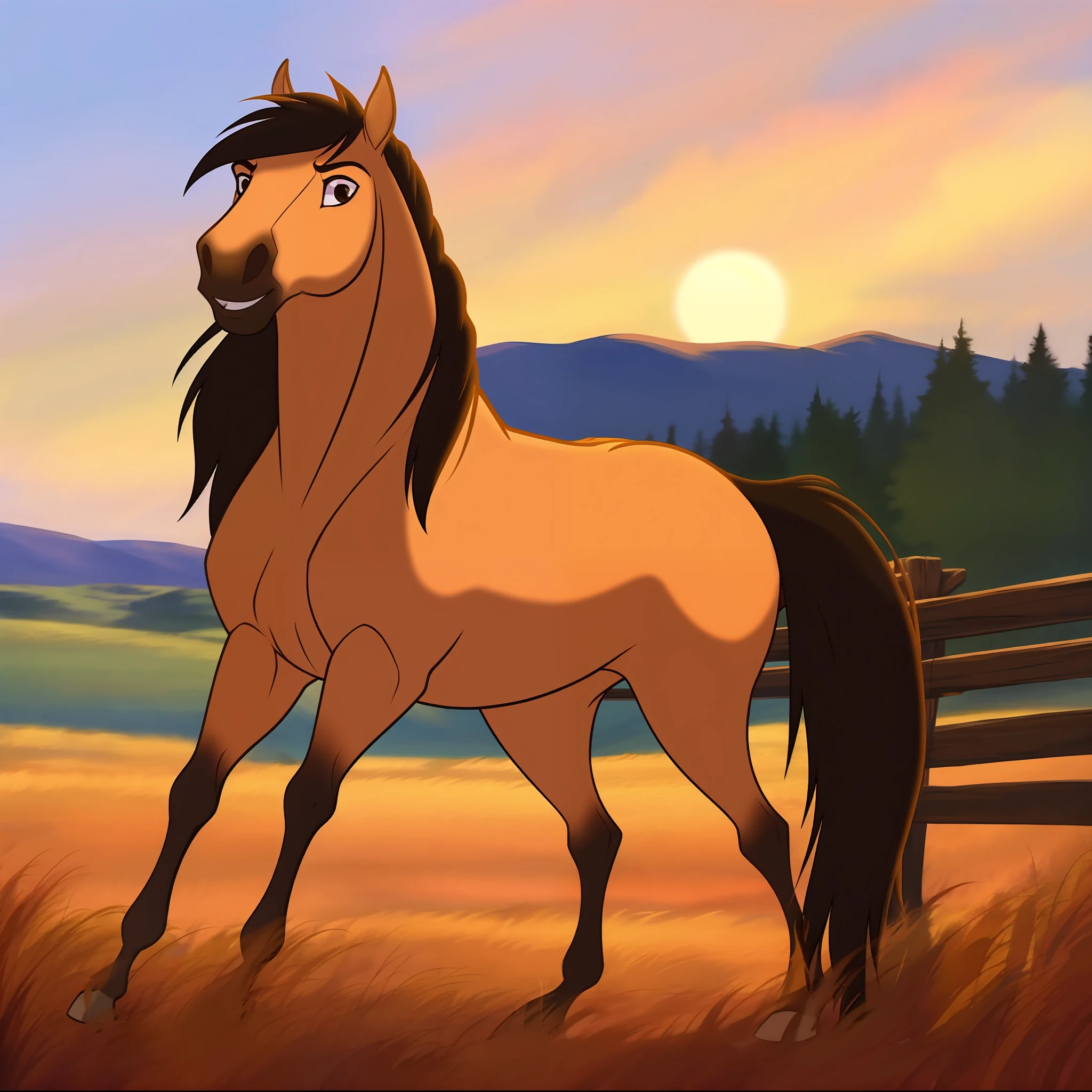 Spirit2002, horse galloping on the prairie, beautiful horse, one head, four legs, long mane, anatomically correct horse, Cartoon, prairies, mountains, freedom, blue mountains, bright sun