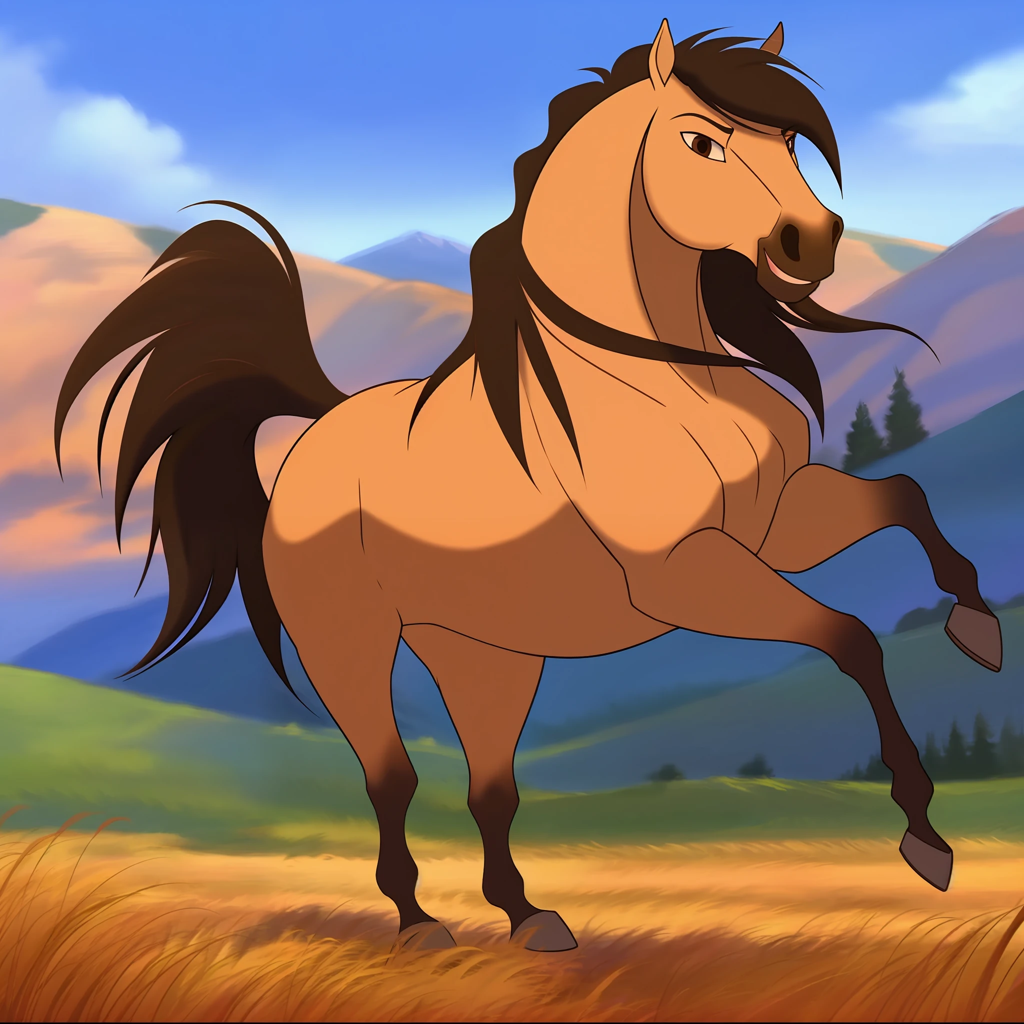 Spirit2002, horse galloping on the prairie, beautiful horse, one head, four legs, long mane, anatomically correct horse, Cartoon, prairies, mountains, freedom, blue mountains, bright sun