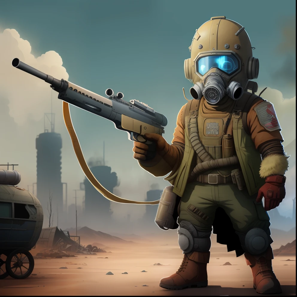 A cartoon of a man with a gas mask holding a gun, Fallout style, Post - Apocalyptic Scavenger, Apocalyptic Fallout 7 6, Fallout Concept Art, In the Fallout Wasteland, Wearing apocalyptic clothes, Post - Apocalyptic warriors, Post-apocalyptic, Fallout Power Armor, Dystopian Bounty Hunter, Post Apocalyptic Attire, Post-apocalyptic Explorer, Standing in Wasteland anime colorful pose military clothing more colorful ciadade iverno snow