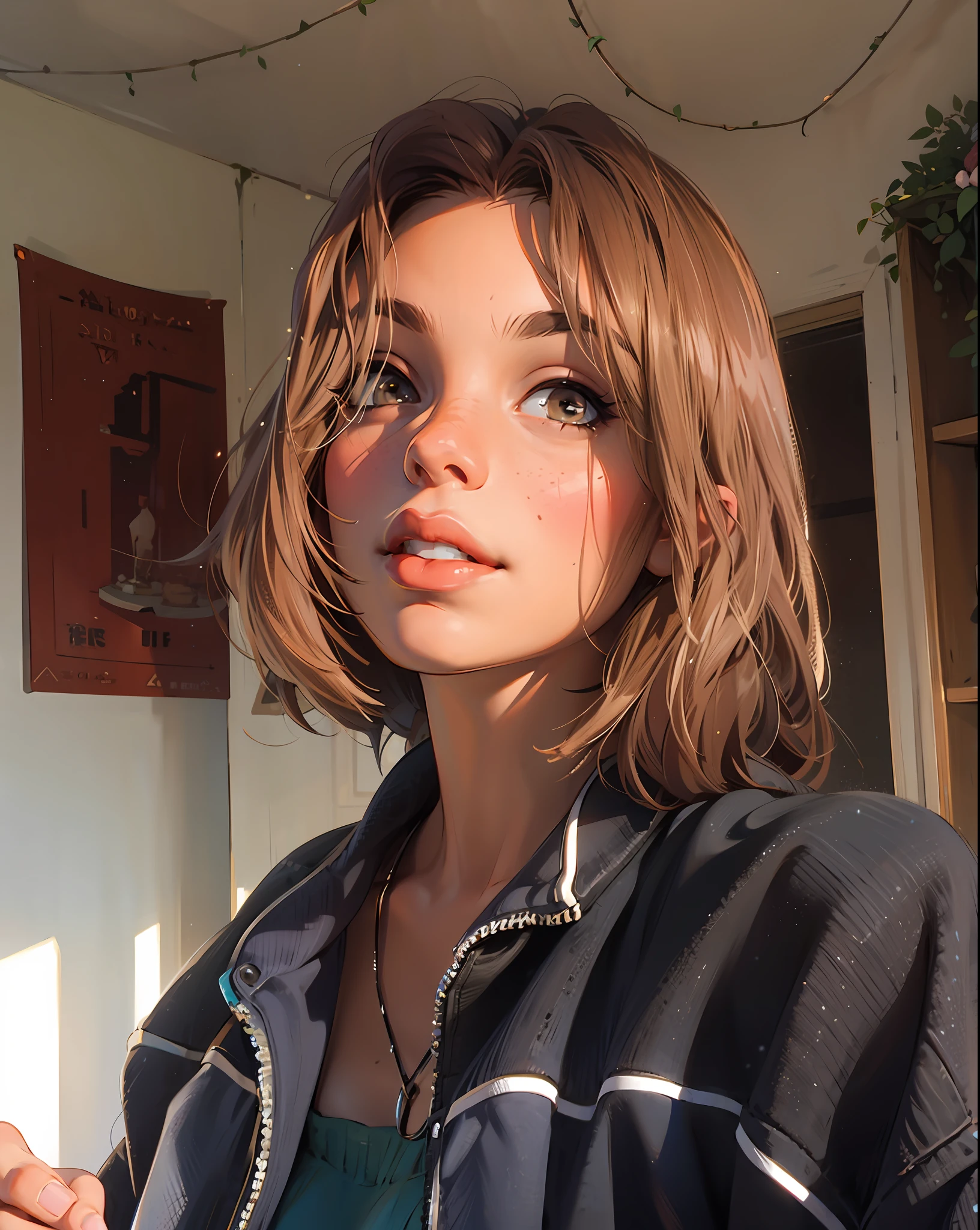 a hyper-realistic portrait of a young woman, under a tree, inside a forest, in the middle of nature, 22 years old, realistic, (lying on her side), sexy, (huge breasts 2:1), short brown hair, (hair tied with bows), curved, SFW