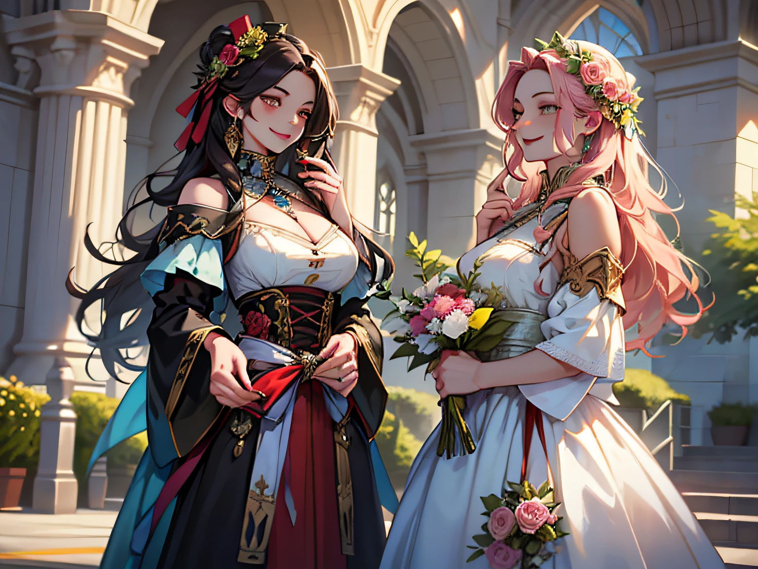 (Several long-haired pink girls in very elaborate and noble costumes standing in the plaza of the university campus: 1.5) (Holding a bunch of flowers in her hand and a sports car parked behind her: 1.4) (Open eyes: 1.3) (Hands outstretched: 1.5) (Exquisite jewelry, makeup beauty, beauty, temperament: 1.5) (smiling expression on the face: 1.5), masterpiece, masterpiece,
