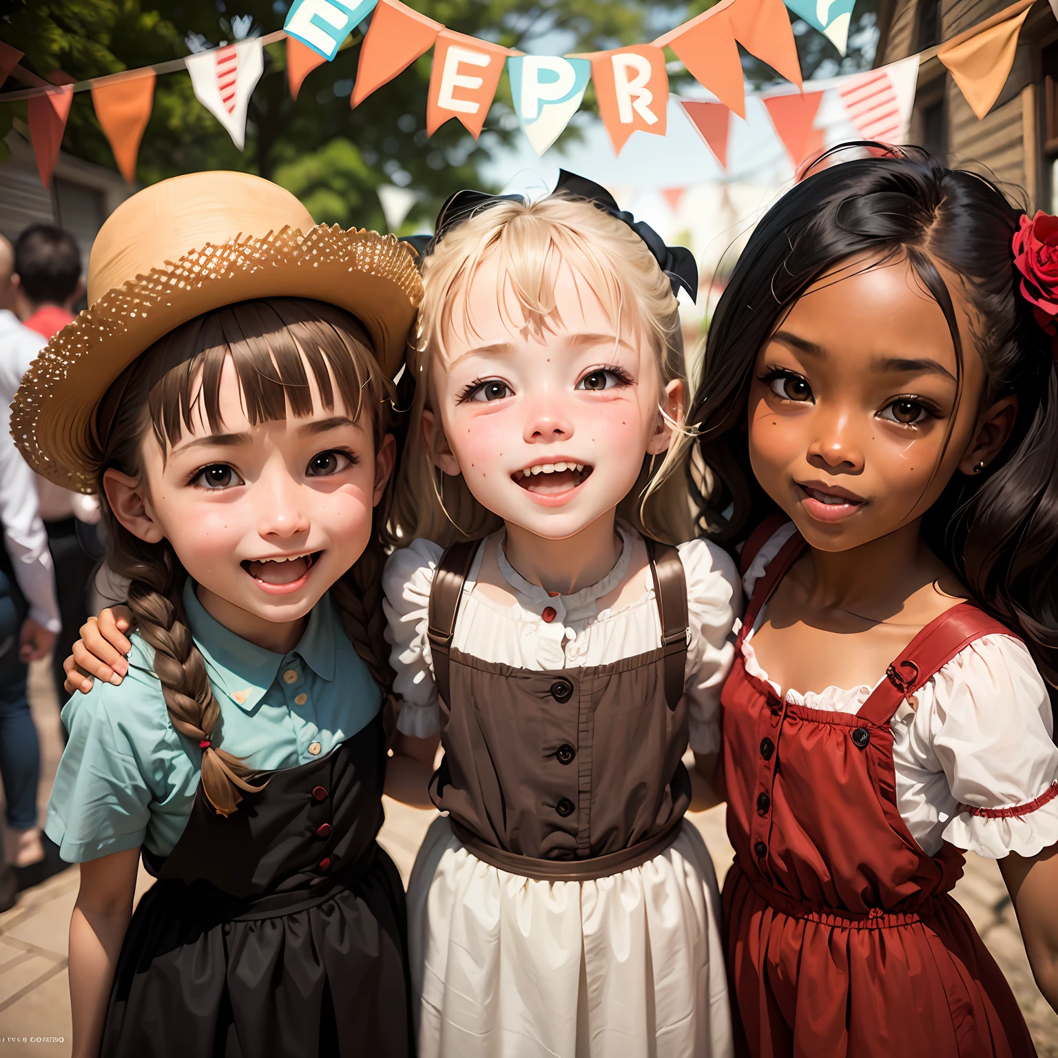 several children, different races and sexes, embraced, dressed in hillbilly clothes, June party, joy, happy --auto