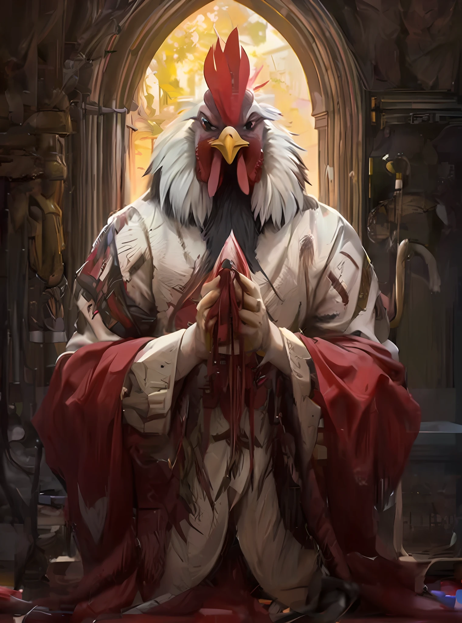 Close up of a man sitting on the floor, he has a chicken head, king of roosters, anthropomorphic chicken, kenku, rooster, tengu mask, rooster!!, surreal concept art, surreal concept art, chicken feather armor, bird warrior, realistic concept art, amazing 8K character concept art, 4k concept art and surreal, gorgeous background