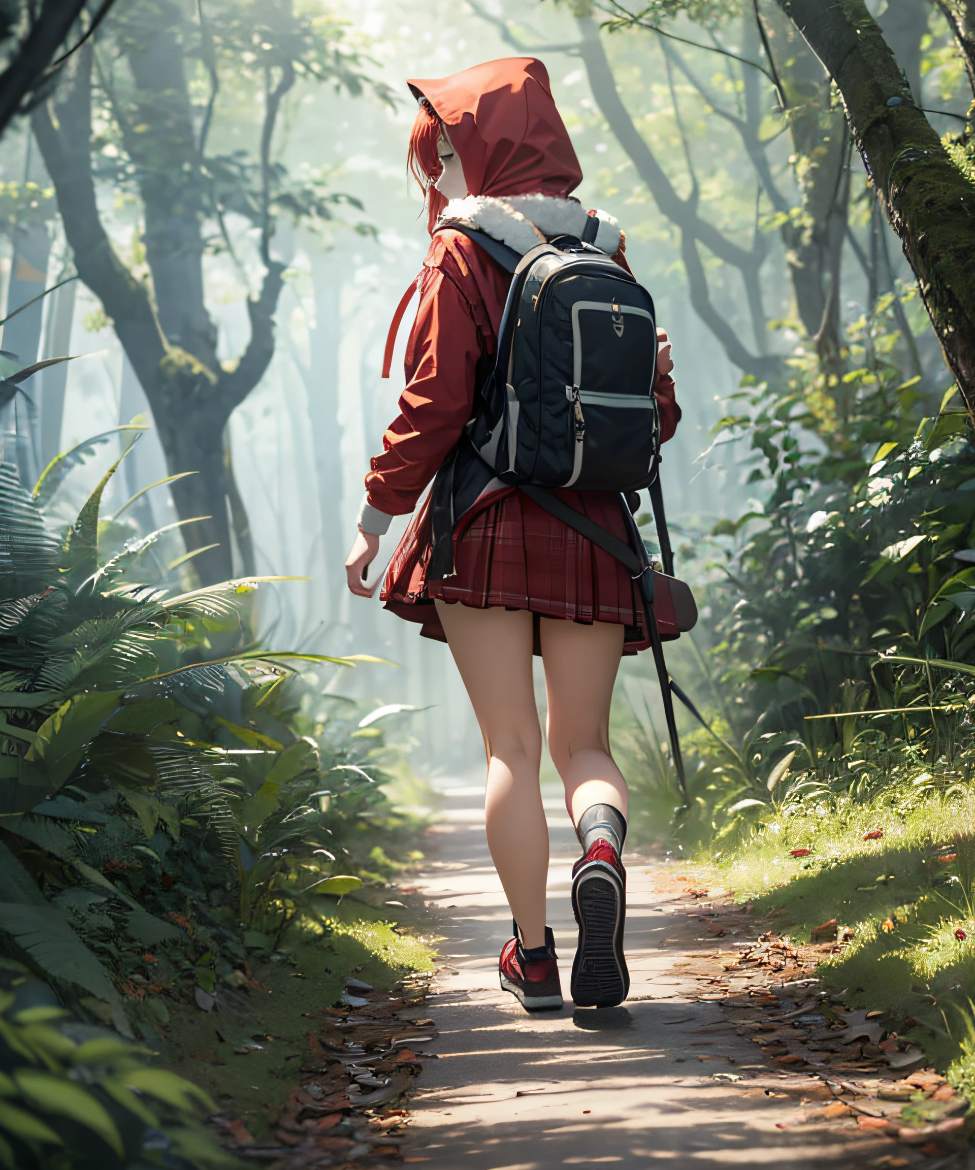 masterpiece, realistic, in the dark forests of dimly lit Europe, woman in lace carrying a backpack in the shape of a wolf, 18 years old, glossy, full-body, short hair red hair, thighs, calves, Little Red Riding Hood with deep slits, bare feet, trekking shoes, walking with a big wolf holding Little Red Riding Hood mascot character behind her, photorealistic, mini skirt
