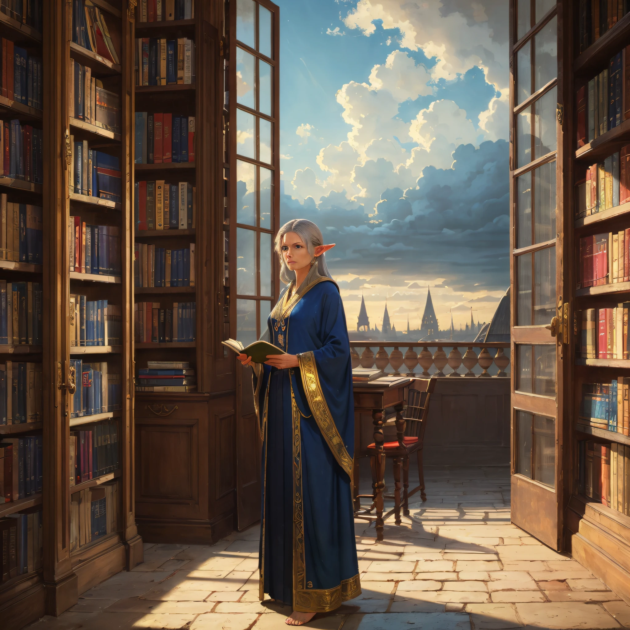 portrait, woman, half elf, old, standing in a library, leaning on a walking cane, grey hair, scar over right eye, wrinkles (intense details, dnd art, masterpiece), (intense details, dnd art, masterpiece), teacher, (intense details, dnd art, masterpiece), intense blue eyes, gold robe with red threads, flowing (intense details, dnd art, masterpiece), fantasy urban library, backlight, clouds, in the background, serious, realism, high detail, Gothic art, depth of field, cinematic lighting, reflection light, drop shadow, atmospheric perspective, Wide-Angle, UHD, masterpiece, high quality, high details