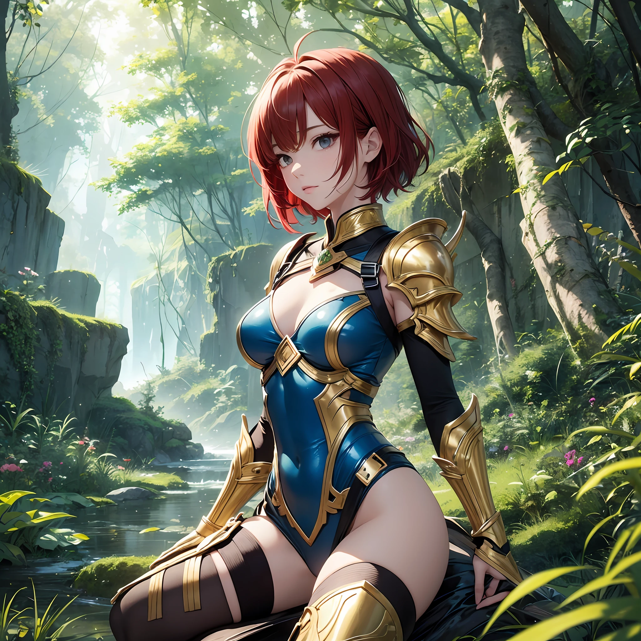 A warrior in the oriental style, with short red hair, wearing only a short and small golden armor that leaves parts of the body on display, she is bold and sensual, and the image has 8K quality, with many details, showing the whole body in a cinematic pose, a beam of light falls on the model, little clothing almost naked,  80's anime style, many details in the lineart, image highlighting it in the scenery because of perfect focus, and the scenery is a forest with plants in blue color. --auto --s2