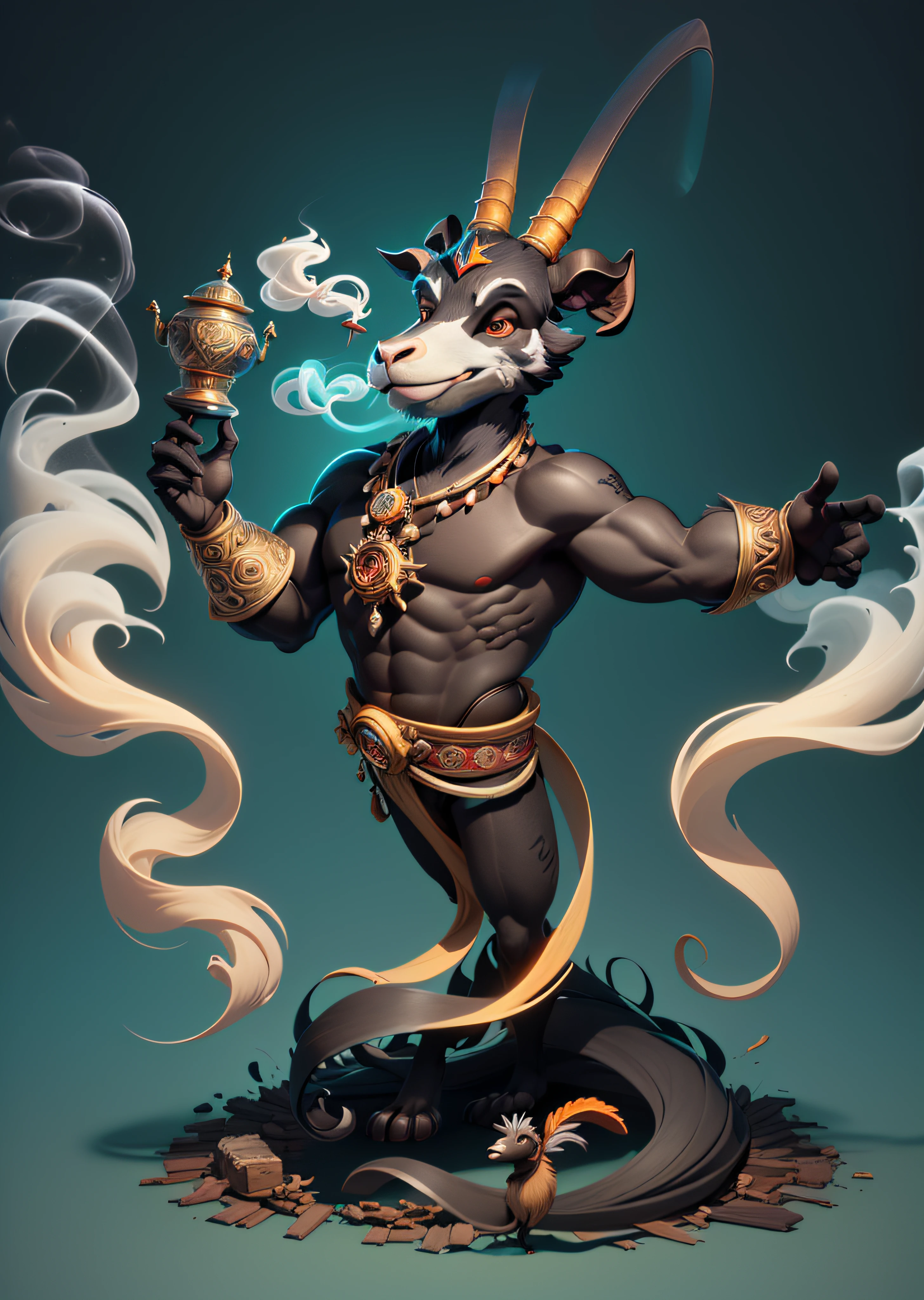 Giant black palanca, Angolan species in extinction, giant black goat, antelope, hybrid, from the waist to the neck, man's body, from the waist down body of smoke as if it were coming out of a magic lamp, as in the tales of Alladim, smoky body, illustration in 3d cartoon, inspired by Disney and Pixar movies.