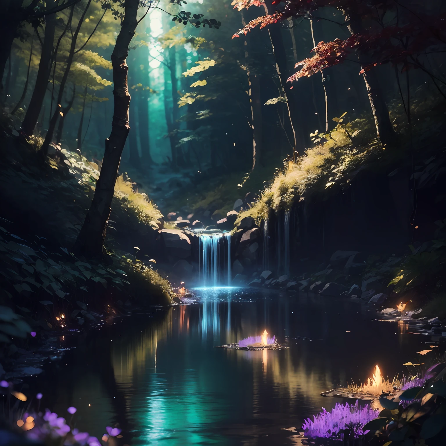 a picture taken from a video game of a forest with a stream of water, magical forest with fireflies, anime lush john 8k woods, glowing forest, magical forest, magical forest backround, magical environment, firefly forest at night, fireflies flying in the forest, magical fantasy forest, in a magical forest, in the magical forest, glowing lights! digital painting