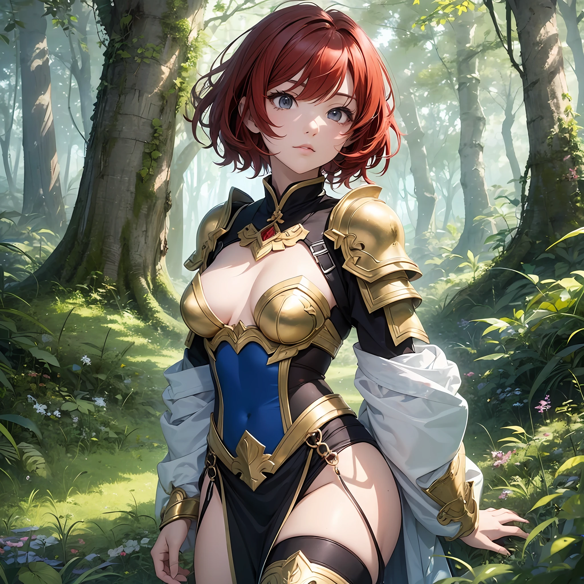 A warrior in the oriental style, with short red hair, wearing only a short and small golden armor that leaves parts of the body on display, she is bold and sensual, and the image has 8K quality, with many details, showing the whole body in a cinematic pose, a beam of light falls on the model, little clothing almost naked, 80's anime style, many details in the lineart, image highlighting it in the scenery because of perfect focus, and the scenery is a forest with plants in blue color. --auto --s2