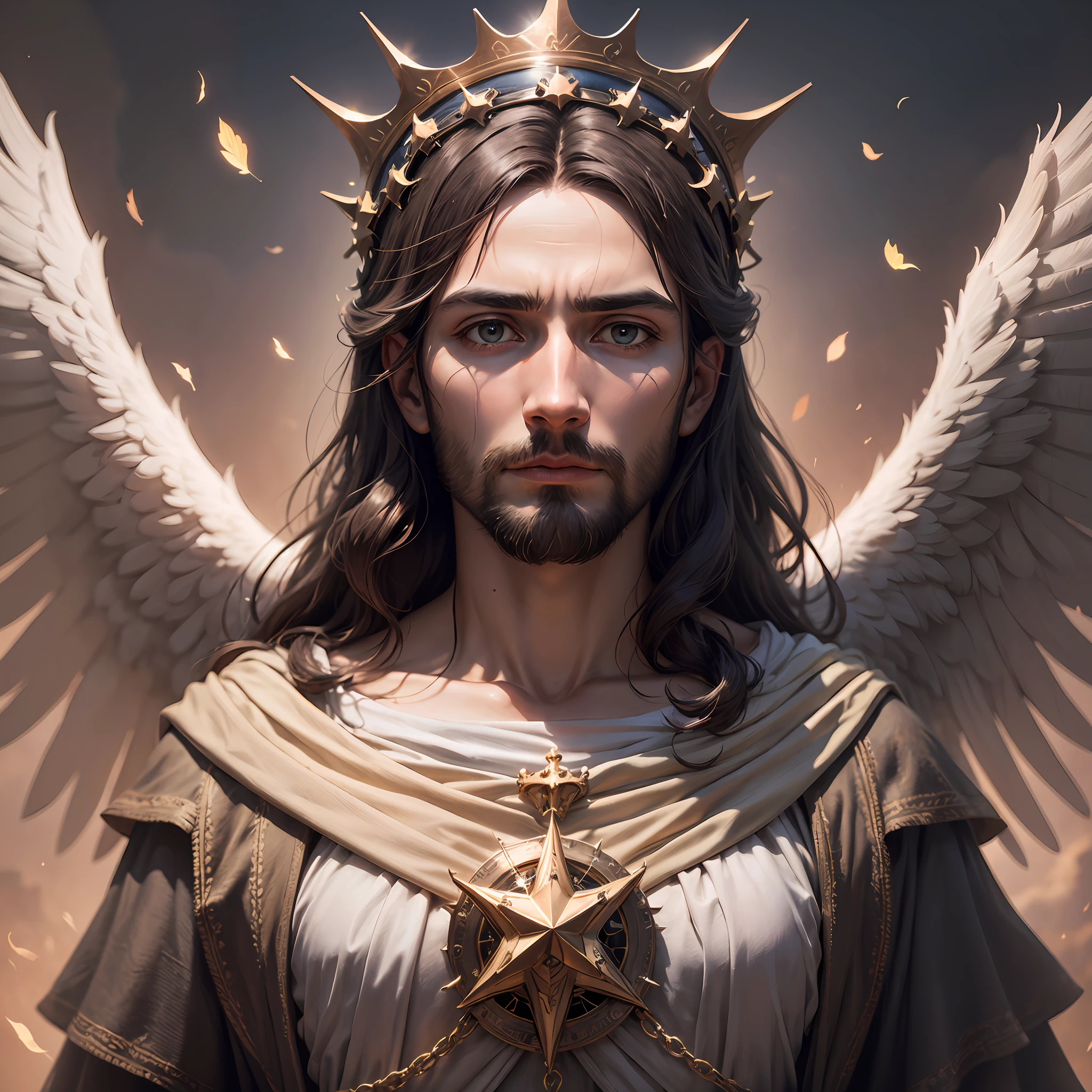 Jesus Christ, crown of thorns sky with angels, 8k image, many details, high quality, focus on face, cinematic pose --auto --s2