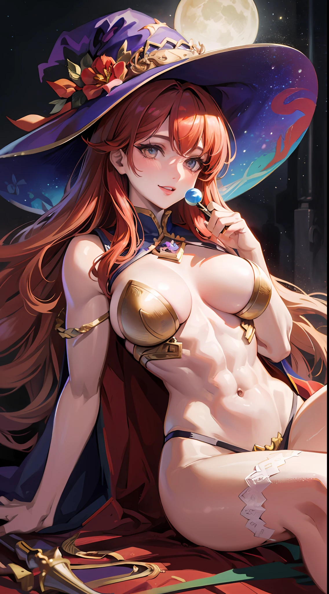 big smile, wizard, witch cosplay, magic hat, magic wand, wearing robes, holding bloom stick, crystal ball, beauty, breasts, long red hair, canadian beauty, lying down, legs spread, missionary position, crotch spread, raw photo, one girl, erotic body, beautiful woman, 22 years old, attractive female body, light muscles, dynamism, constricted waist, 8k, HDR, realistic photography, realistic texture, toned skin, (realistic, photorealistic: 1.9), sharp focus, photography, raw photography, masterpiece, high definition photography, movie stills, quality like taken with a DSLR camera, high image quality, dynamism, full moon, pavilion