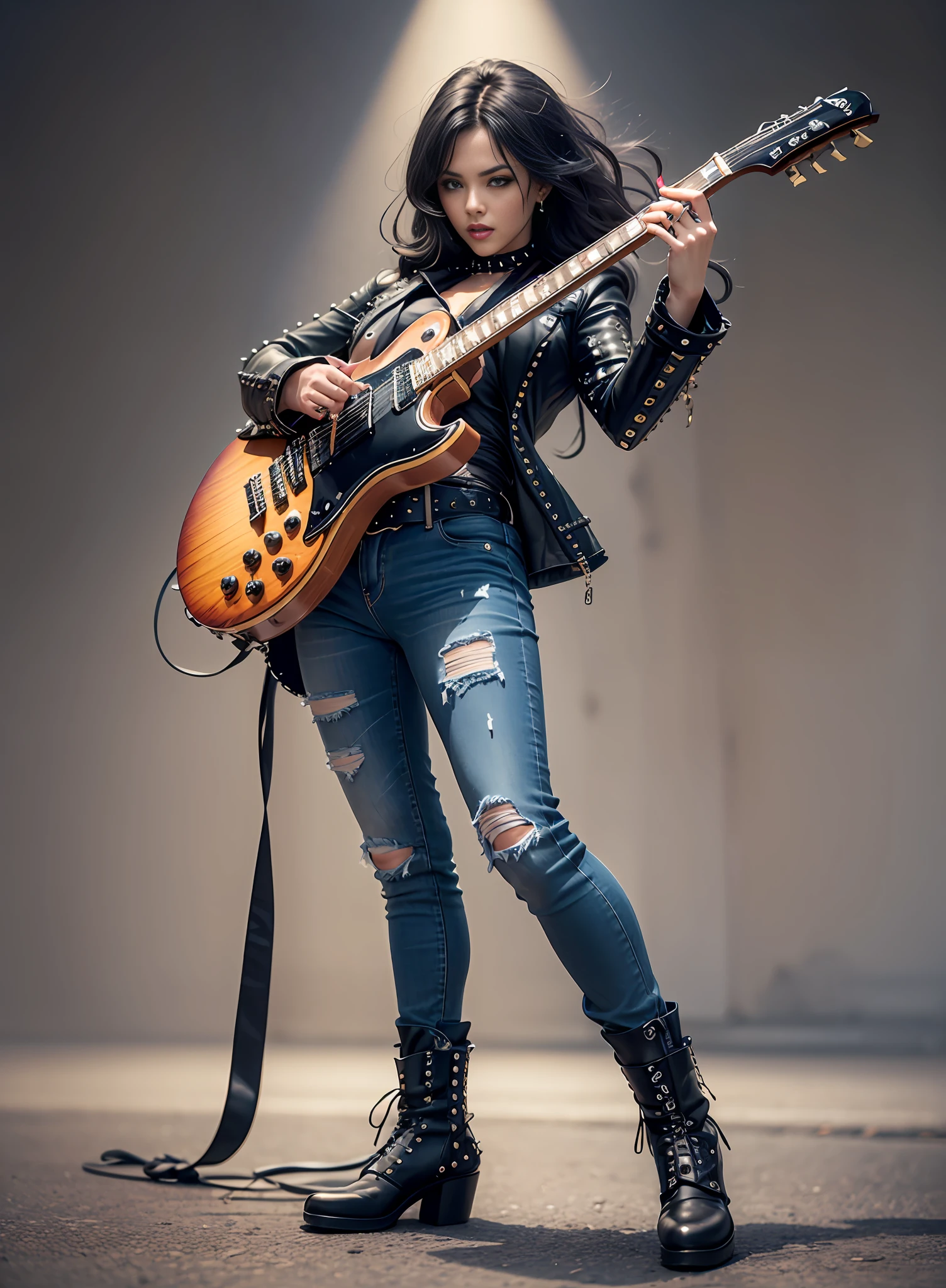 80s European Woman Metal Singer, black hair, big chest, dark jeans, rivets, pants, belt, plays white and black guitar. full body.