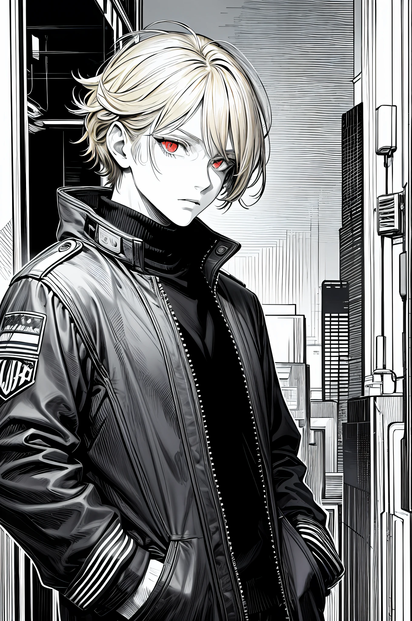masterpiece, best quality, one man, uniform, hands in pocket,blonde , red eyes, cyberpunk, street, monochrome, line art