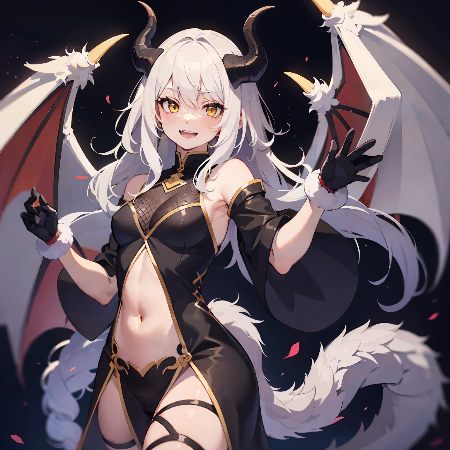 Little monster girl, horns, tail, dragon wings, yellow eyes, cute, natural laugh, fangs, cute little dragon, perfect, coordinated body structure, smile, sexy pose, white hair