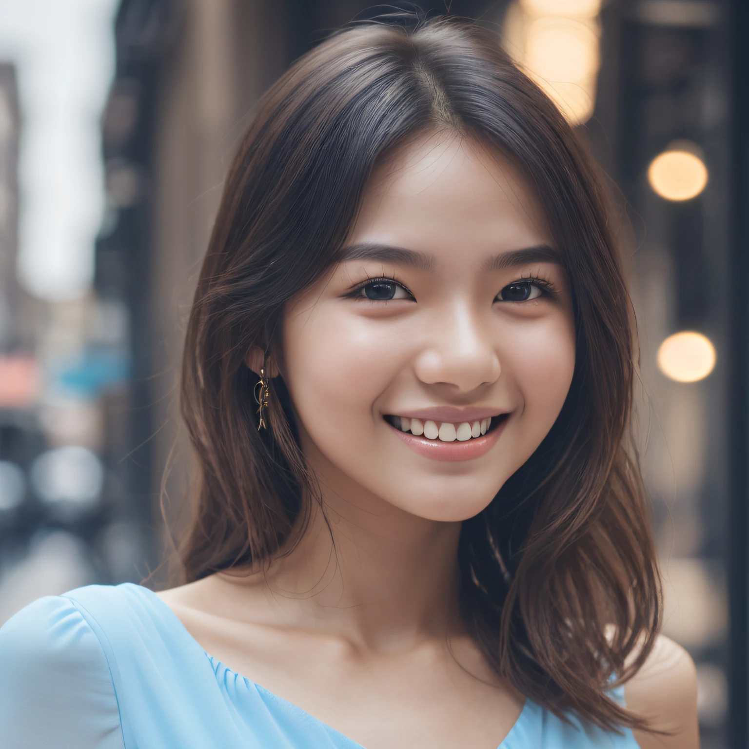 1 girl, happy, smiling, 18 years old, attractive, perfect figure, white skin, white and delicate skin, beautiful skin, small breasts, small, short and soft hair, (urban), ((light blue dress)), (night), RAW photos, (photorealistic: 1.37, realistic), high-definition CG integrated 8K wallpaper, viewer's point of view, (straight) from the front))), (HQ Skin: 1.8, Glossy Skin), 8k UHD, DSLR, Soft Lighting, High Quality, Film Grain, Fujifilm XT3, ((Upper Body: 1.6)), (Professional Lighting: 1.6) --auto