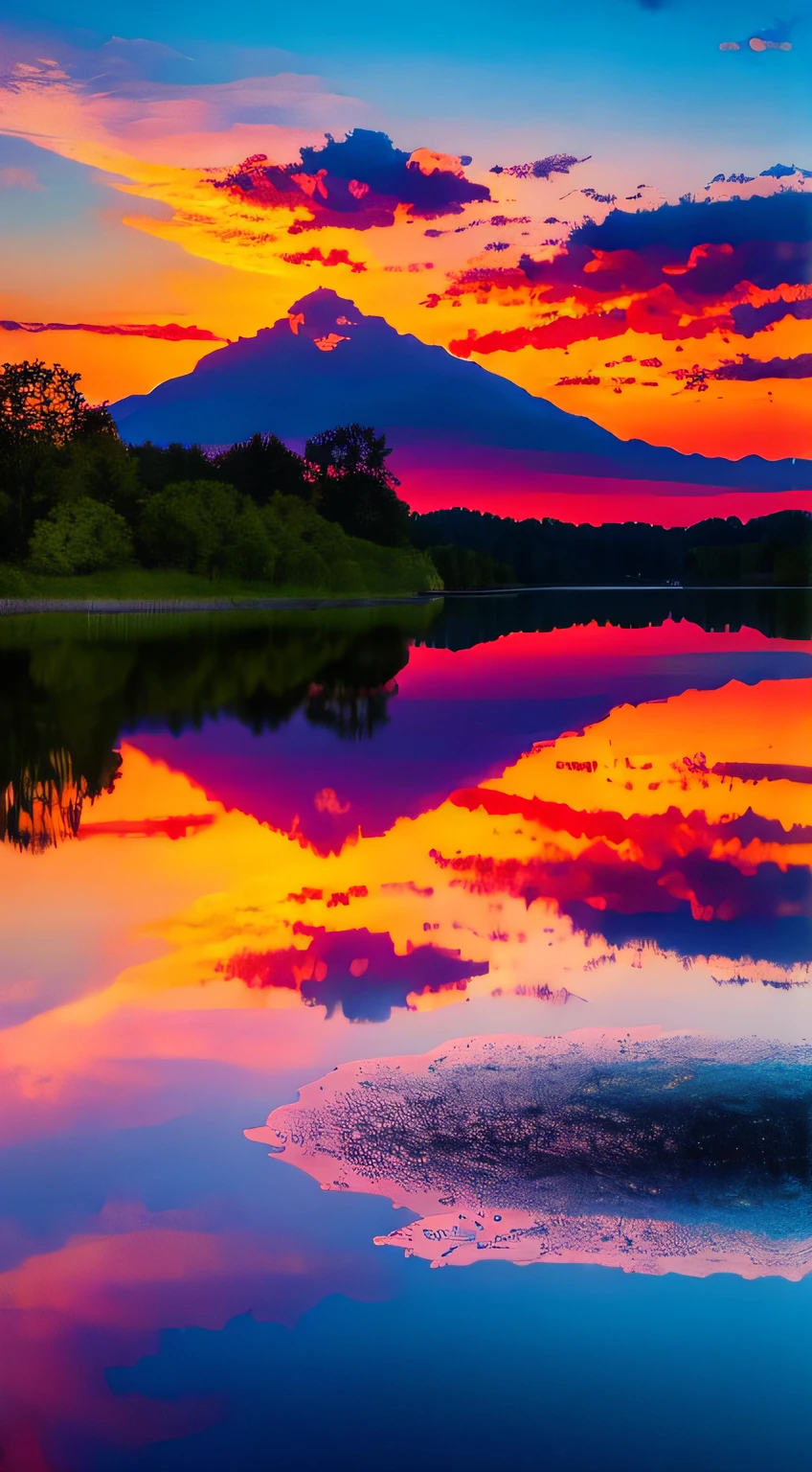 there is a beautiful sunset with a lake and trees in the background, colorful skies, surreal colors, colorful sunset, colorful sky, marvellous reflection of the sky, stunning sky, dream like atmosphere 8k, colorful clouds, colors reflecting on lake, surreal sky, red and blue reflections, fire reflection, beautiful sky, beautiful and spectacular dusk, beautiful dreamy landscape, amazing sky