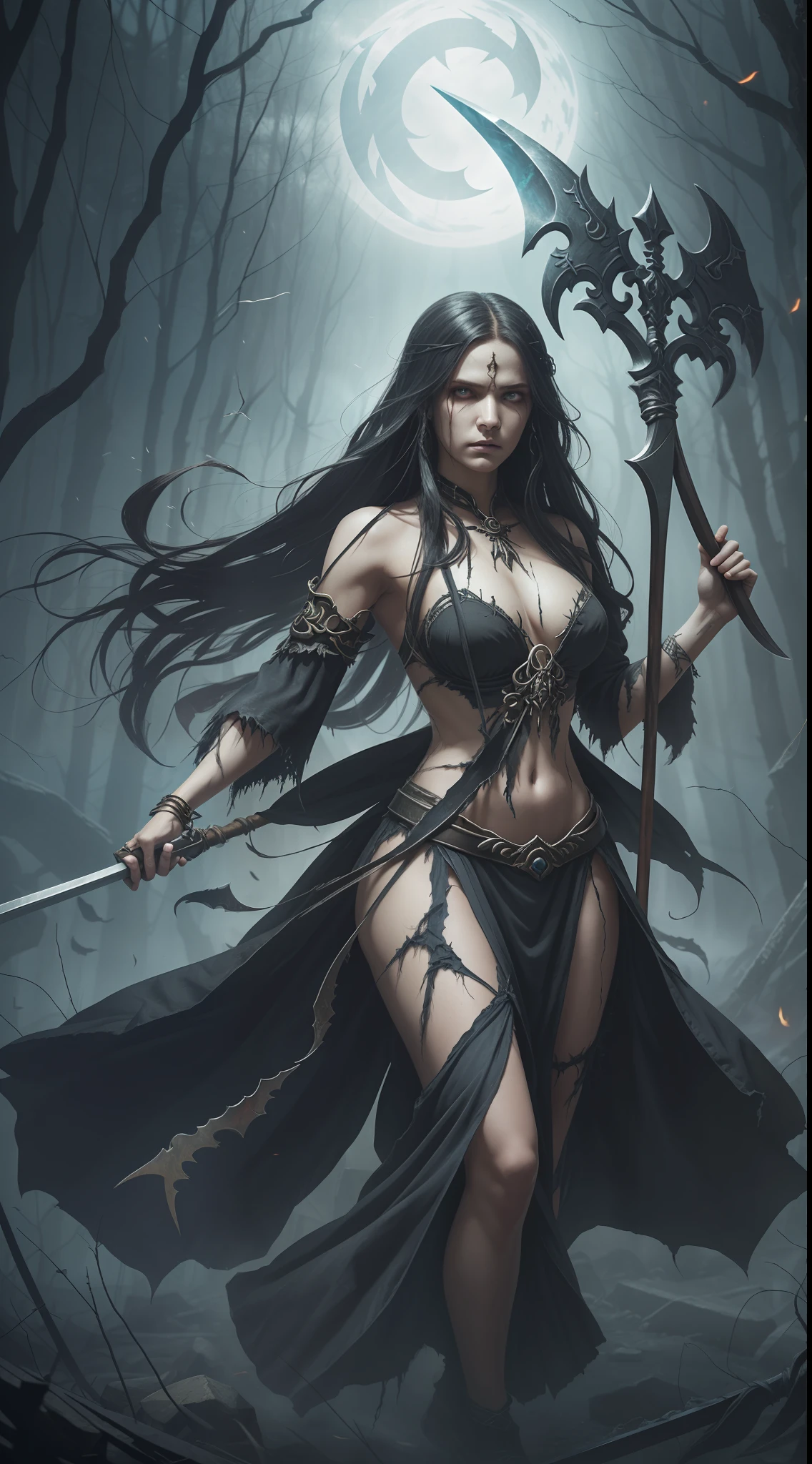 Sorrowbringer, the Cursed Maiden:
Description: A ghostly figure with flowing, tattered garments and sorrowful eyes. Emits a haunting aura and wields a cursed scythe.
Abilities: Manipulates negative emotions, drains life force, and inflicts curses on opponents.