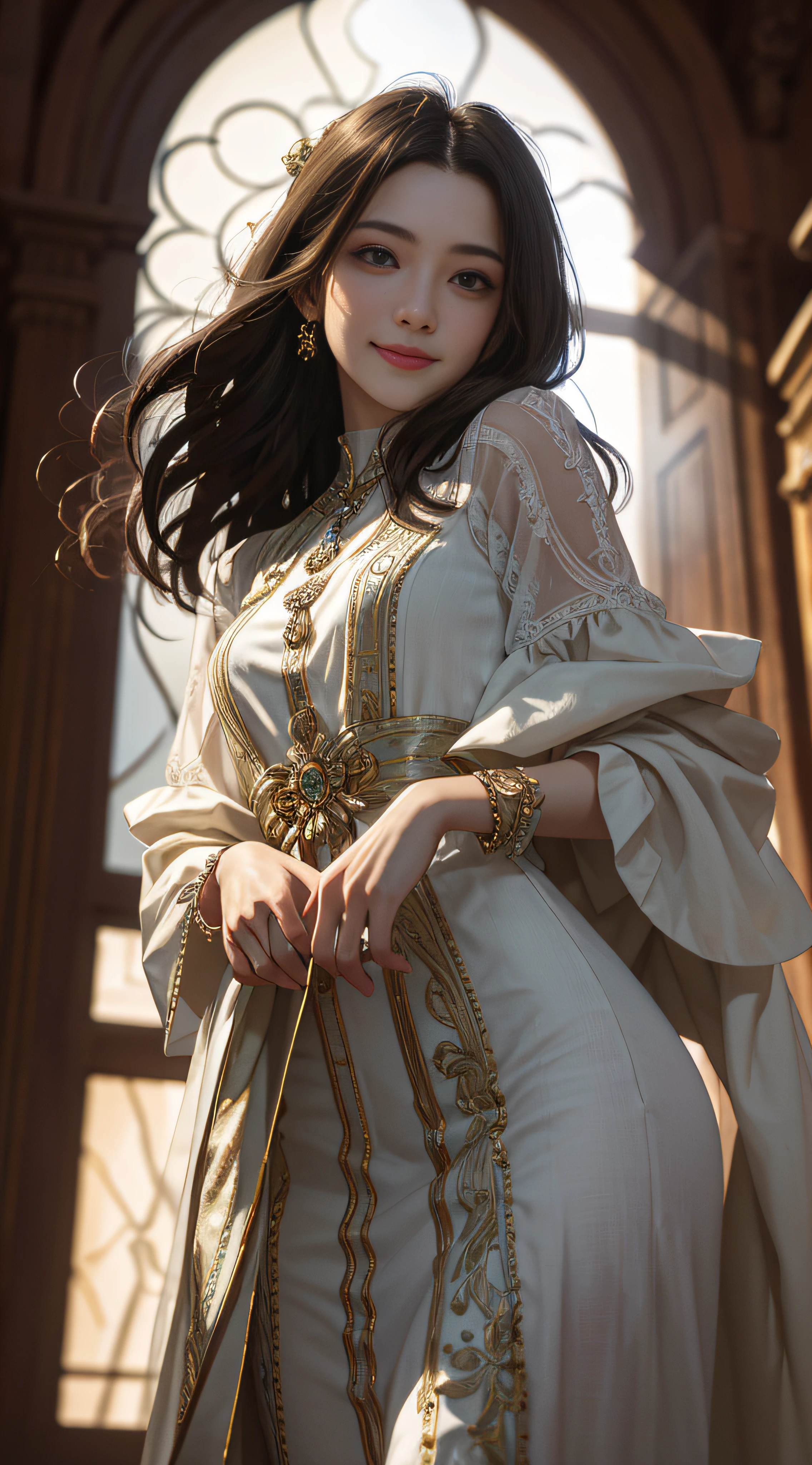 (Masterpiece: 1.2), (Best Quality: 1.2), Ultrareal, Supreme, Absurd, Very Detailed, Volume, Dramatic Lighting, From Below, One Girl, Detailed Eyes, Cute Smile, Looking at the Camera,