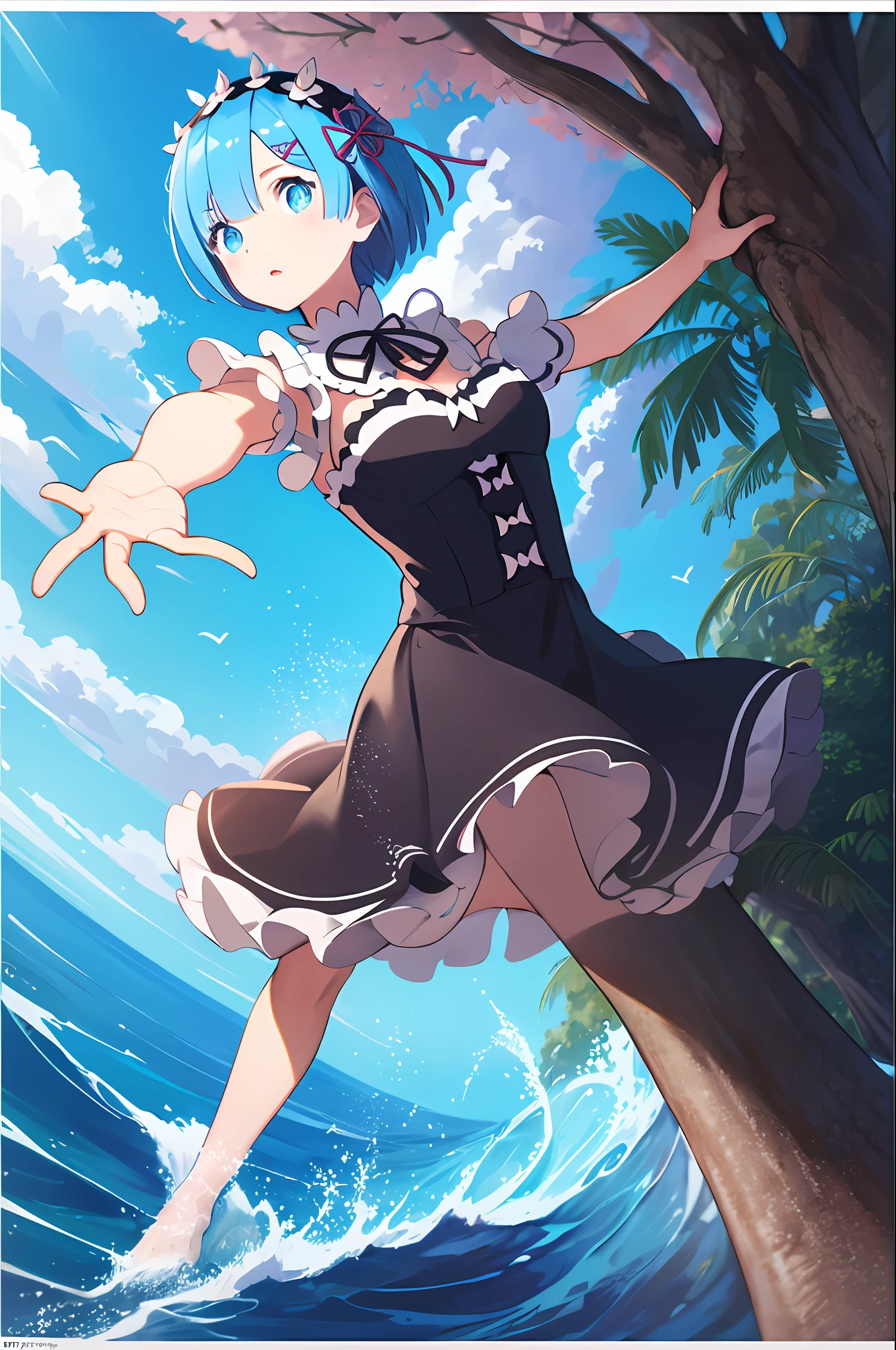 (Masterpiece: 1.6, Best Quality), (Fine Beautiful Eyes: 1.2), ph_rem, Remhd, 1girl, Blue hair, Solo, Blue eyes, Maid, Sea, Bay, Daylight, Tree, Wave, Raise Your Arms, Micro Bikini, Swimsuit