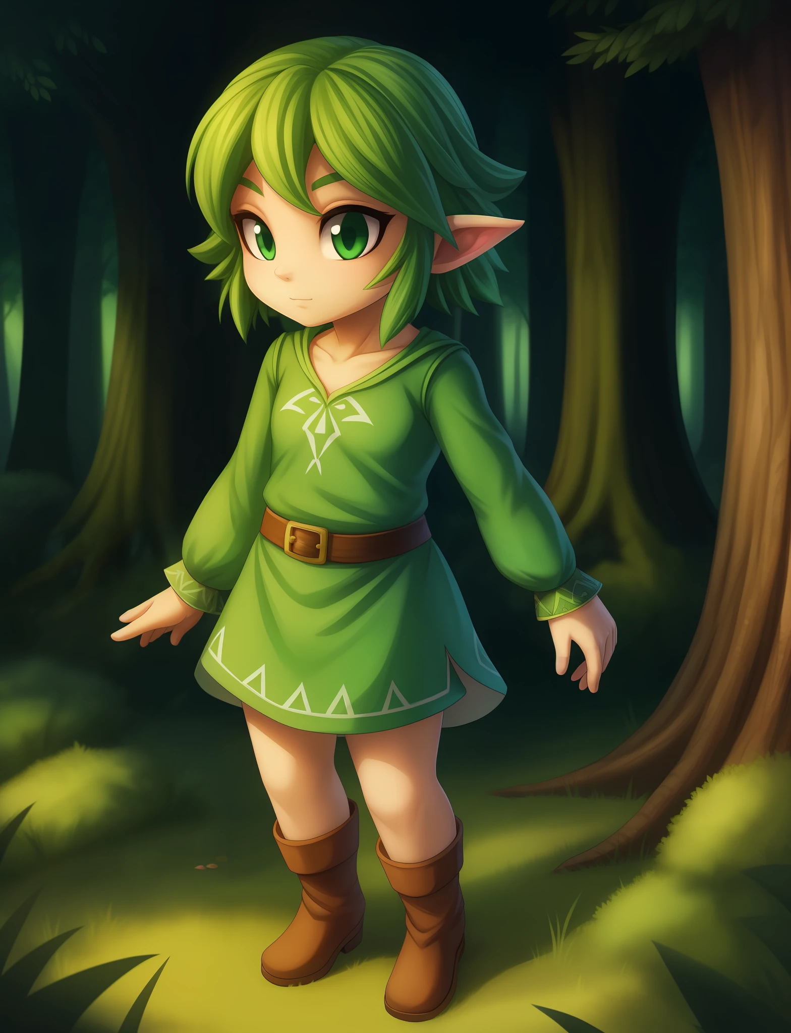 masterpiece, best_quality, 1girl, solo, saria \(the legend of zelda\), forest,