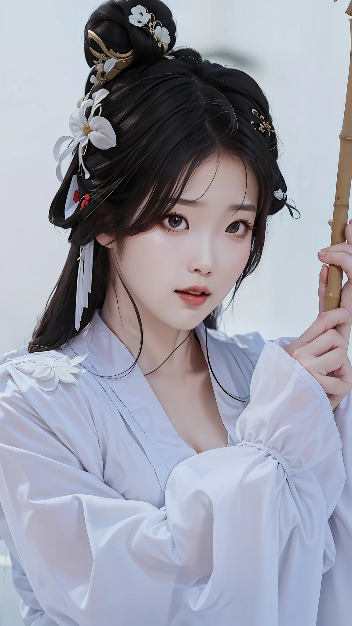 a close up of a woman in a white dress holding a bamboo stick, palace ， a girl in hanfu, white hanfu, traditional beauty, chinese girl, ancient chinese beauties, chinese woman, gorgeous chinese model, beautiful south korean woman, chinese princess, beautiful maiden, chinese style, traditional chinese, wearing ancient chinese clothes, a beautiful woman in white