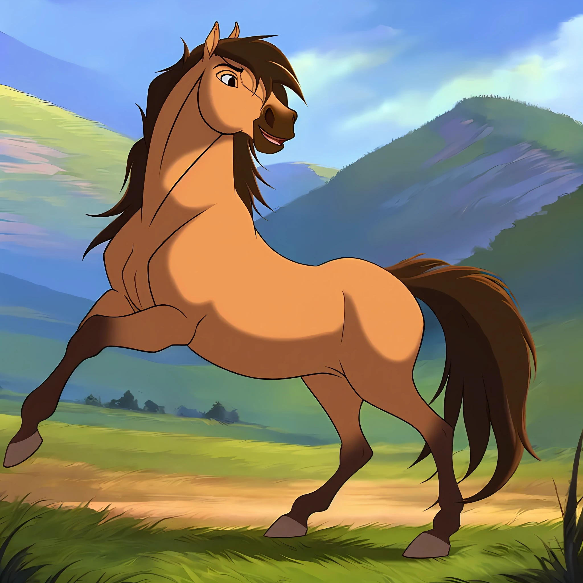 Spirit2002, horse galloping on the prairie, beautiful horse, one head, four legs, long mane, anatomically correct horse, Cartoon, prairies, mountains, freedom, white clouds, tall grass
