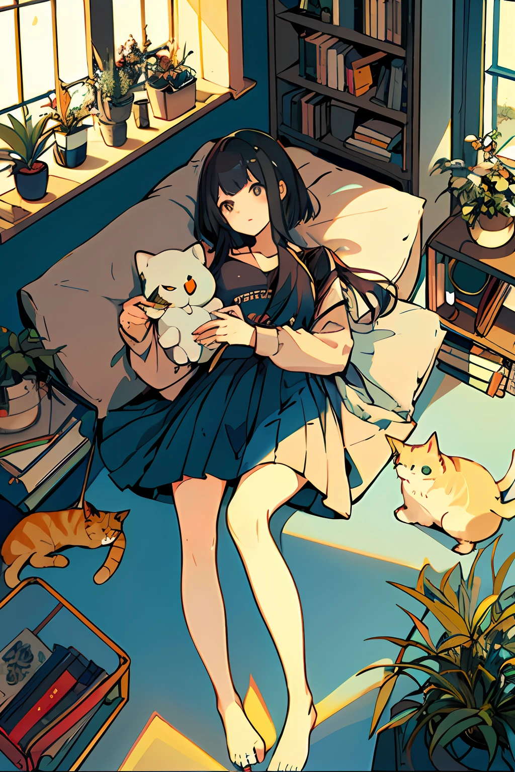 One girl, from above, plant, black hair, cat, lying down, indoors, holding, long sleeve, long hair, stuffed animal, potted plant, book, food, window, telephone, loaded interior, television, short hair, on the back, plush toy, bangs, slippers, barefoot, sitting, bookcase, shelf, cable, computer