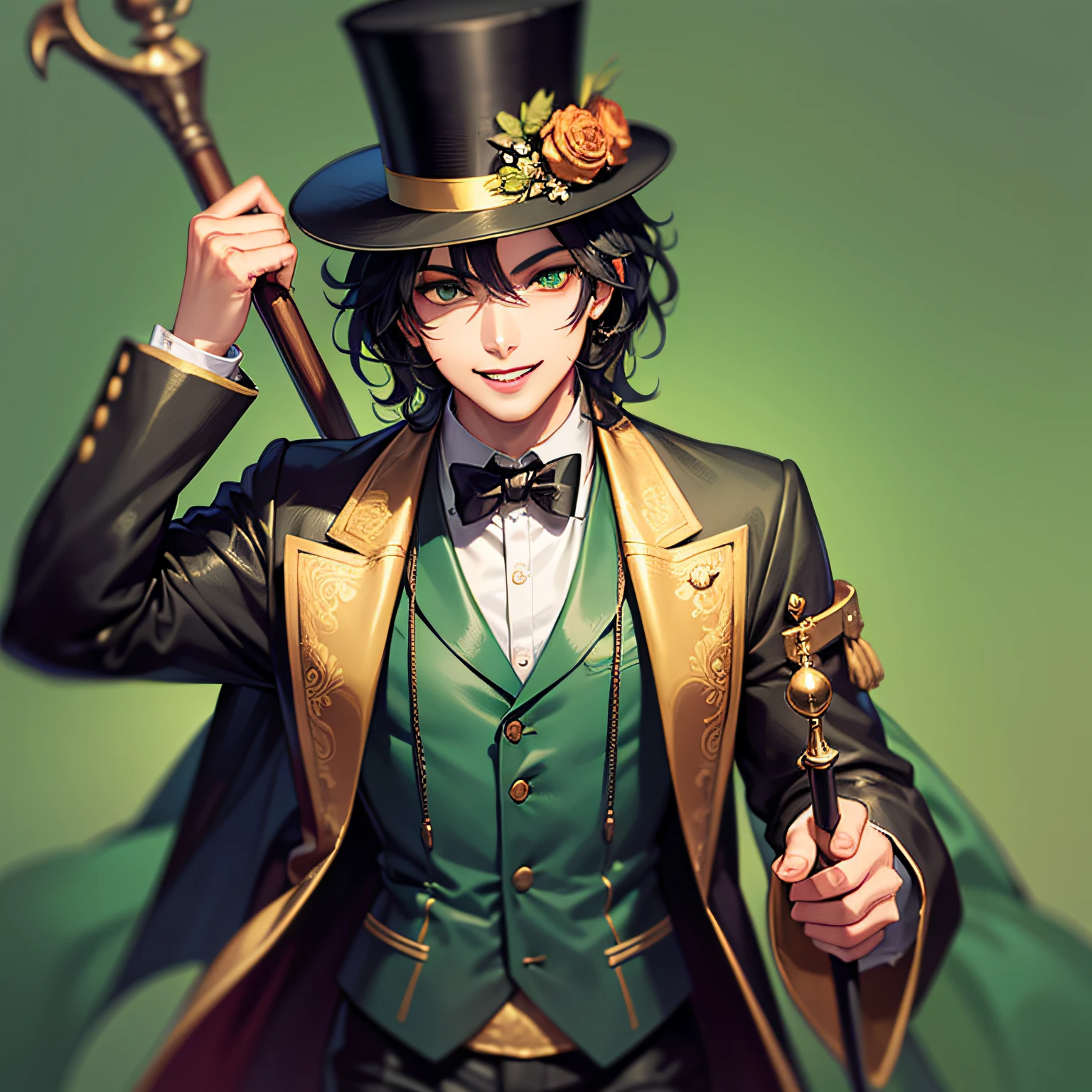 1boy, handsome man, young, pretty, black curly hair, shoulder-length hair, tender green eyes, fancy costume, top hat, walking stick, steampunk, gentleman, smile