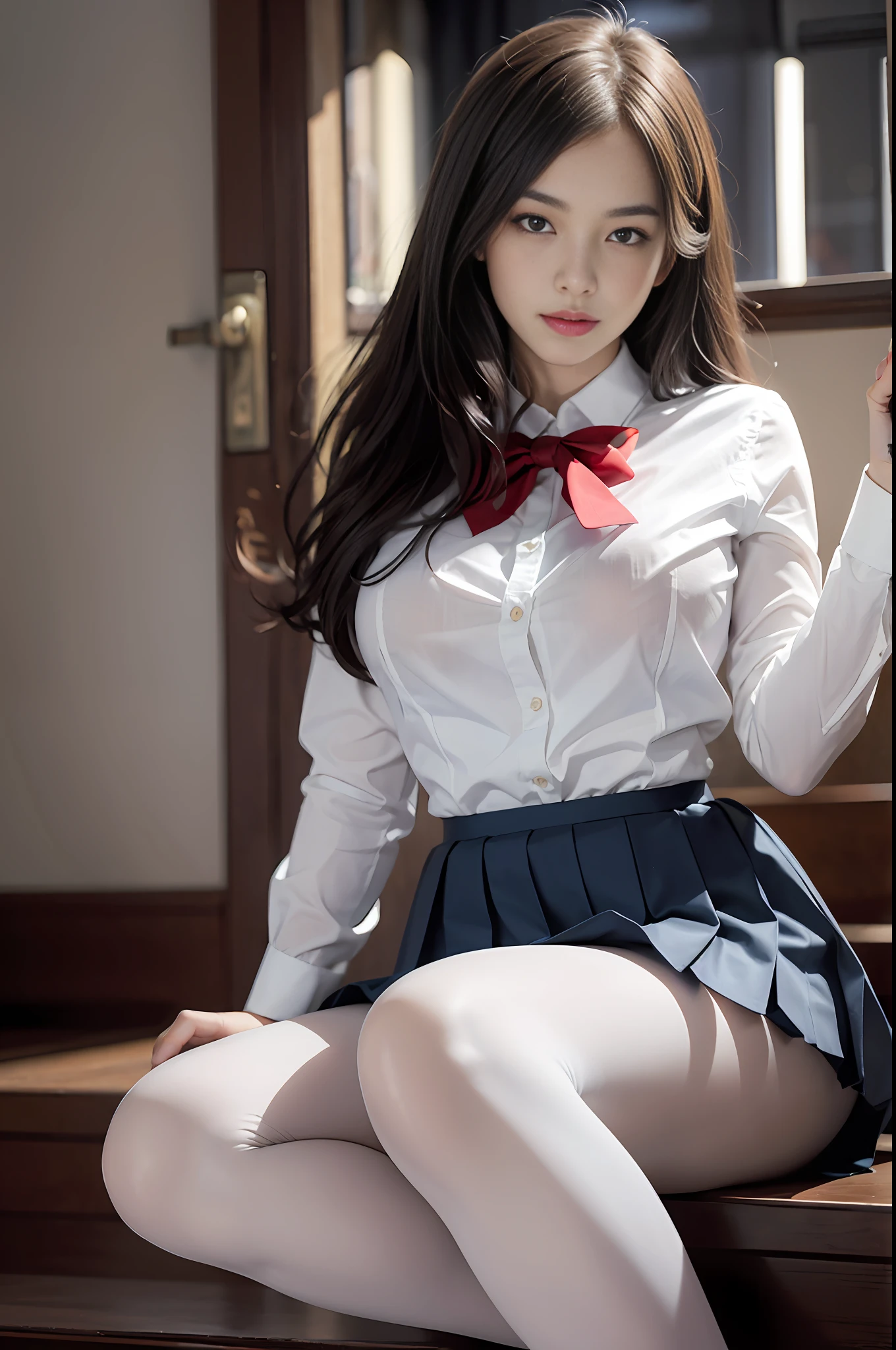 Ultra-realistic 8k cg, perfect face, flawless, clean, masterpiece, professional artwork, famous artwork, perfect face, beautiful face, beautiful eyes, ((perfect female body)), solo, (immersive atmosphere, chiaroscuro: 1.5, bright light: 1.2, luminous light), (blush: 0.5), enchanting expression, extreme detail _ eyes, thick thighs, huge breasts, delicate background, depth of field, realism: 1.3, vista, 1girl, shirt, pleated skirt, School uniform, sitting, full body, (ambient light: 1.3), (film composition: 1.3), (neon: 0.1), (HDR: 0.1), accent lighting, white pantyhose