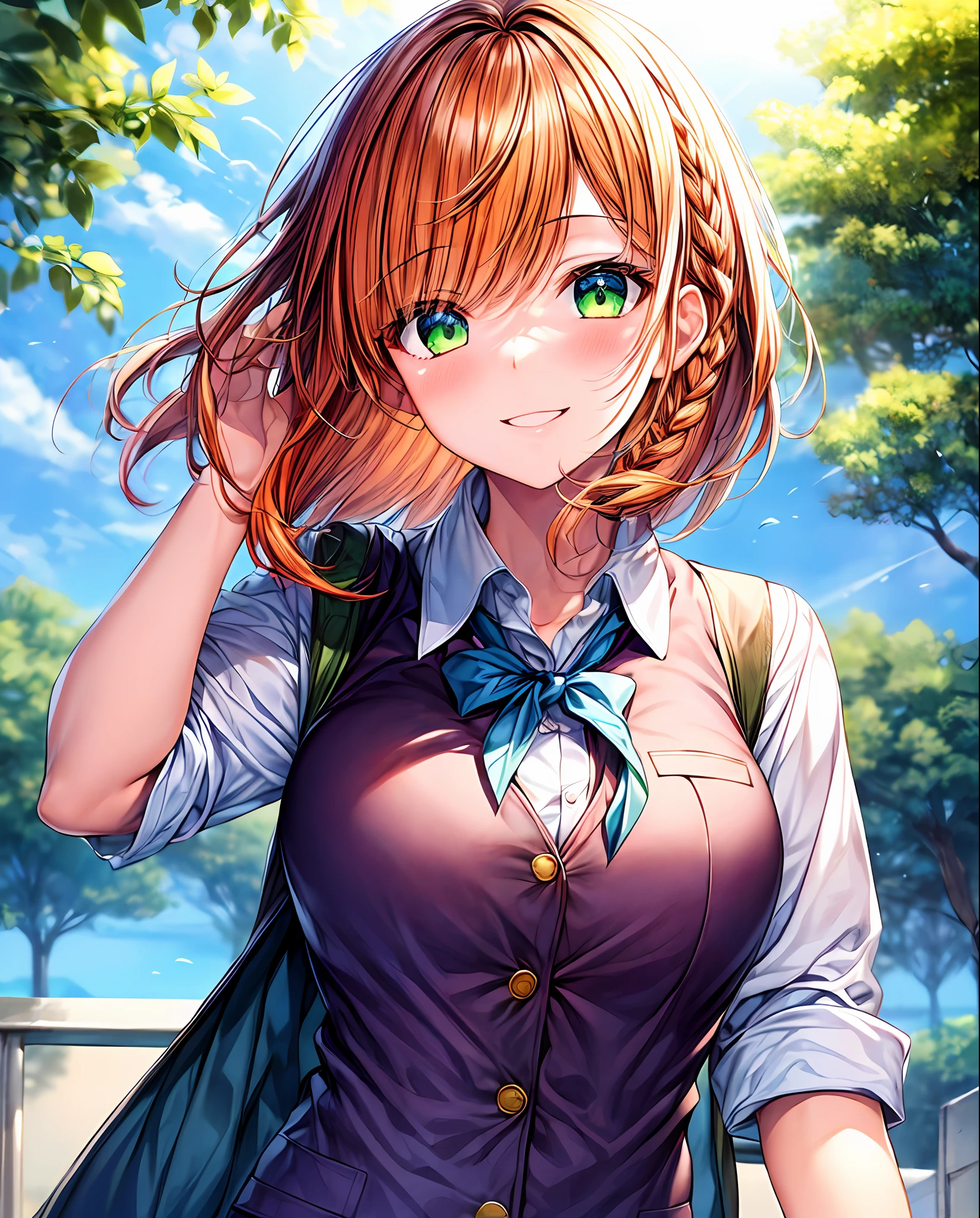 (masterpiece, top quality), 1 girl, medium hair, braid, orange hair, smile, green eyes, school_uniform, short_sleeves, flesh-colored waistcoat, blue sky, school, front view, sunshine, beautiful hair, cute face, big, beautiful eyes, long eyelashes, blunt bangs