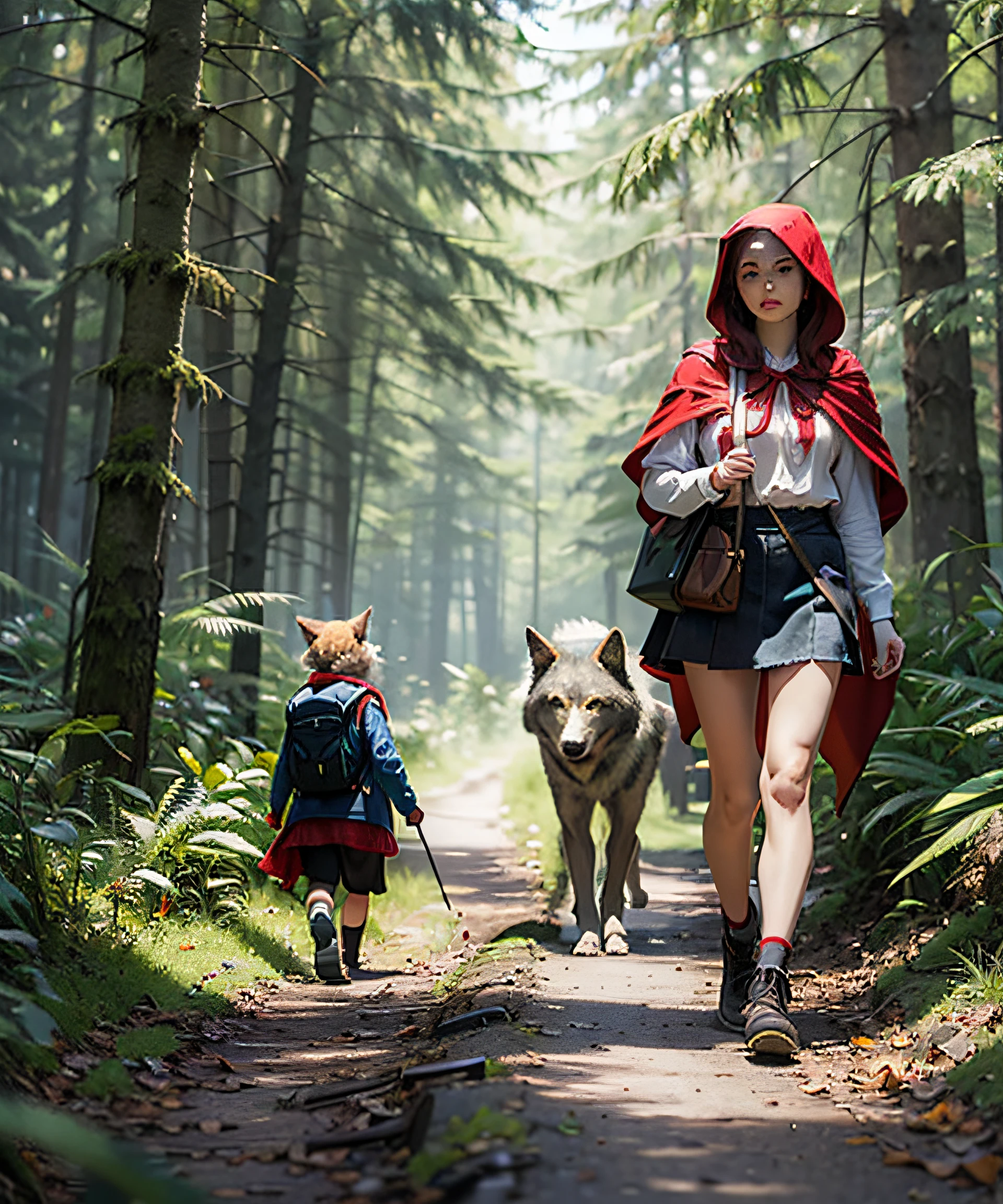 masterpiece, realistic, in the dark forests of dimly lit Europe, woman in lace carrying a backpack in the shape of a wolf, 18 years old, glossy, full-body, short hair red hair, thighs, calves, Little Red Riding Hood with deep slits, bare feet, trekking shoes, walking with a big wolf holding Little Red Riding Hood mascot character behind her, photorealistic, mini skirt