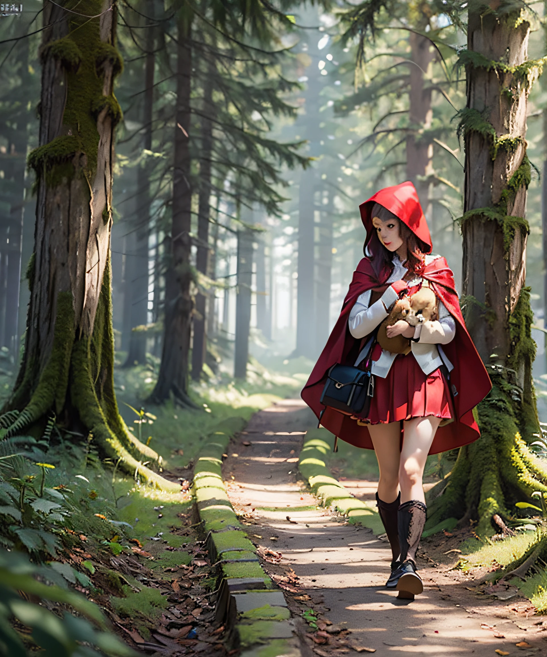 masterpiece, realistic, in the dark forests of dimly lit Europe, woman in lace carrying a backpack in the shape of a wolf, 18 years old, glossy, full-body, short hair red hair, thighs, calves, Little Red Riding Hood with deep slits, bare feet, trekking shoes, walking with a big wolf holding Little Red Riding Hood mascot character behind her, photorealistic, mini skirt