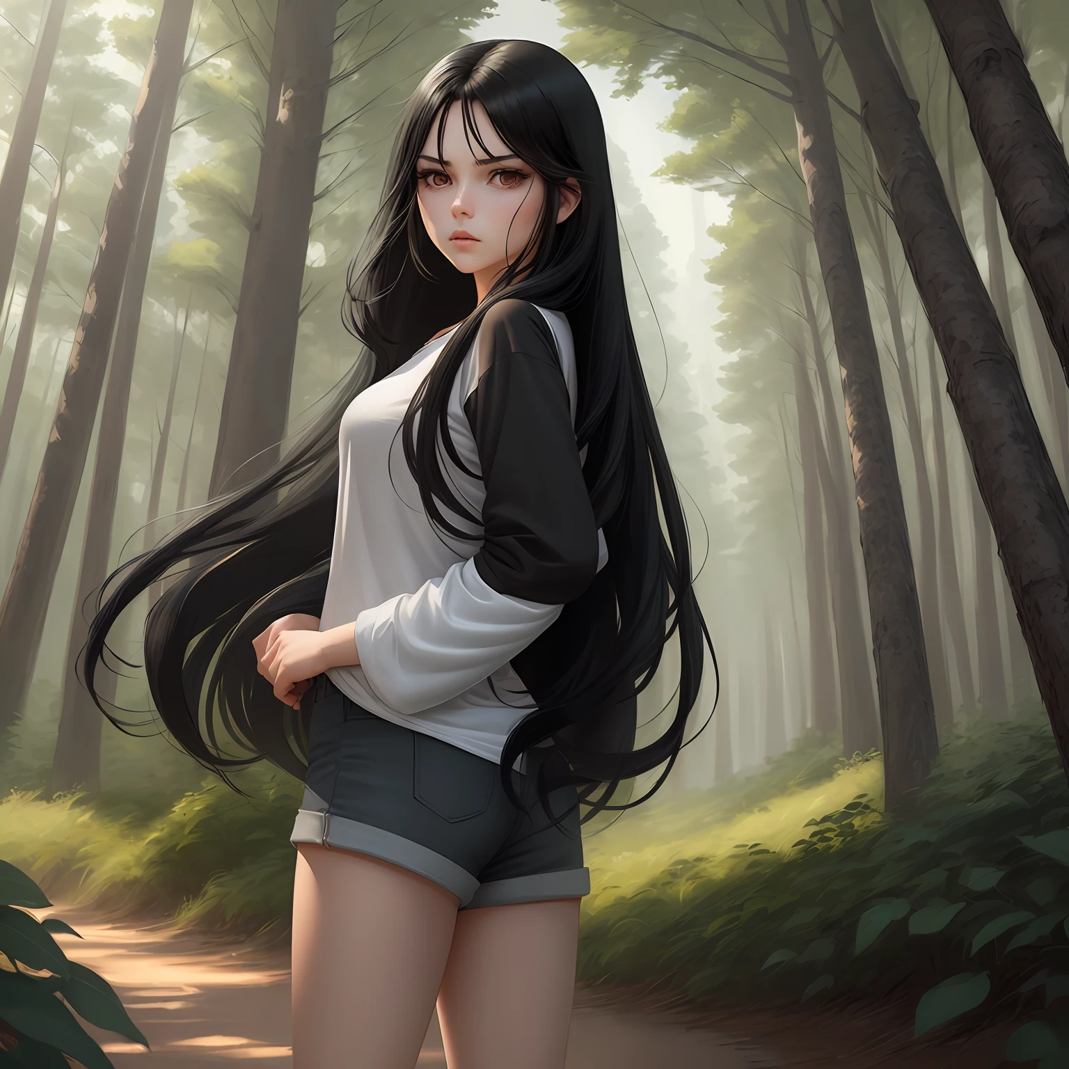 ((((masterpiece)))),
best quality, 
anime,
a girl, 
To stare angrily at,
red eyes,
((((middle parted hairstyle)))),
long hair, 
blue-black hair,
flowing hair,
white shirt,
midnight moon,
The place is the night forest --auto
