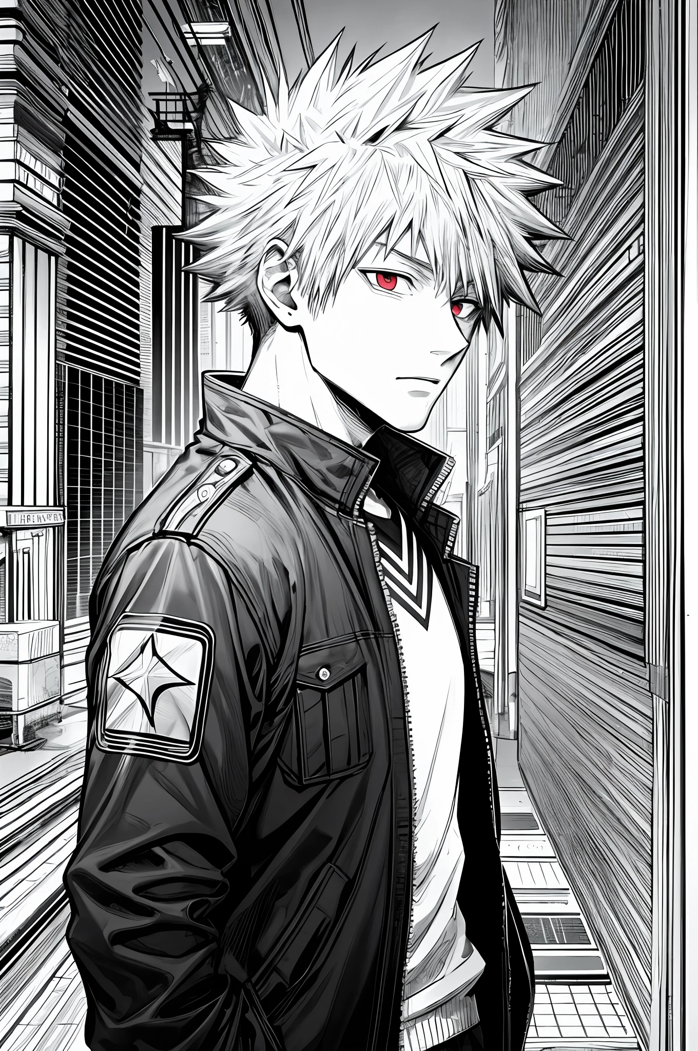 masterpiece, best quality, one man, katsuki bakugou,uniform, hands in pocket,blonde , red eyes, cyberpunk, street, monochrome, line art