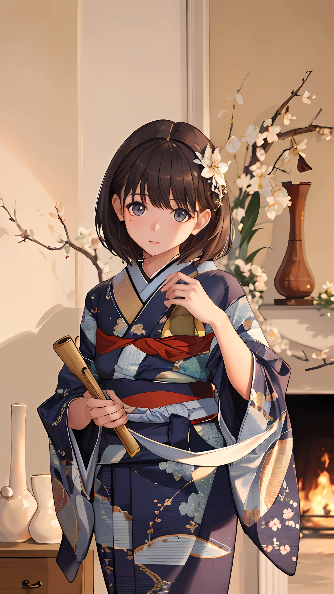((masterpiece)), ((best quality)), (ultra-detailed), ((extremely detailed)), 4K, (8K), best quality, (beautiful), focus on the face0, a cute girl, 1girl, solo, ((beautiful eyes))0, blushWearing kimono, detail cloth, haori, dressed, very detailed and rich clothes