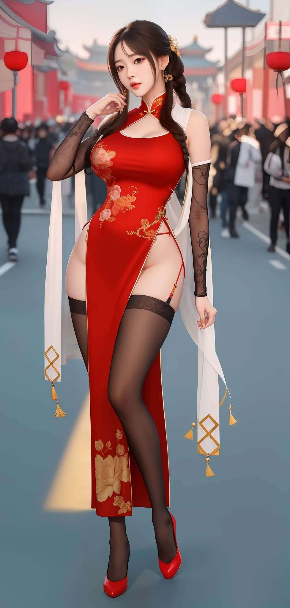 An Idol k-pop girl, cute face, braid hair, intricate face details, detailed face, golden ratio face, ((big breasts:1, slim waist, big butt, big hip, big thighs)), ((intricate hands, intricate feets)), full body, 64K, UHD, HDR, global illumination, (high quality, high detailed, hyper detailed, extremely detailed), photo realistic, ultra realistic, art photo, (clarify the details, detailed parts body), intricate artwork masterpiece, trending on artstation, (lewd face), tight clothes, China festival street background, ancient Chinese dress, shadow under feets