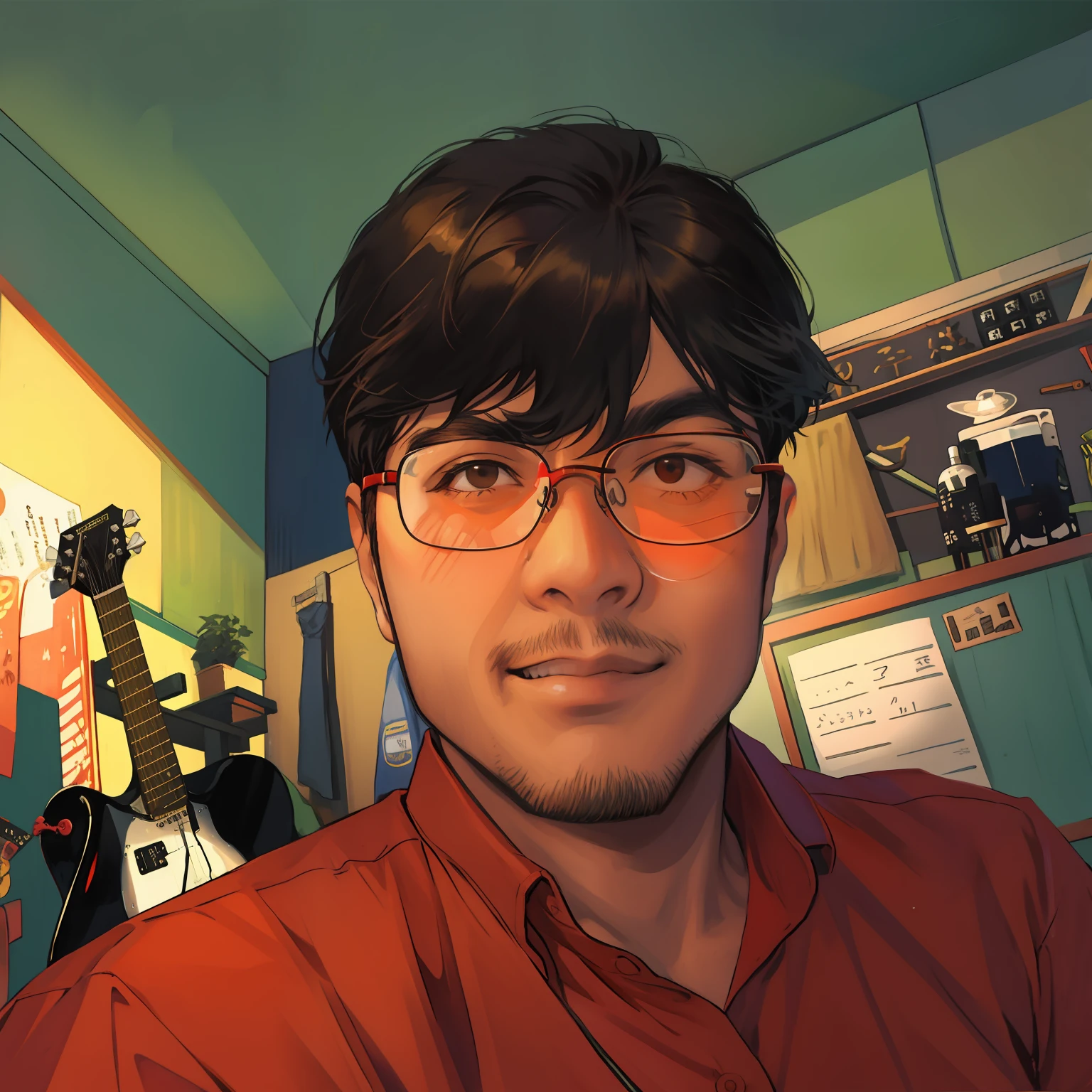 Japan man wearing glasses and red shirt in room with guitar