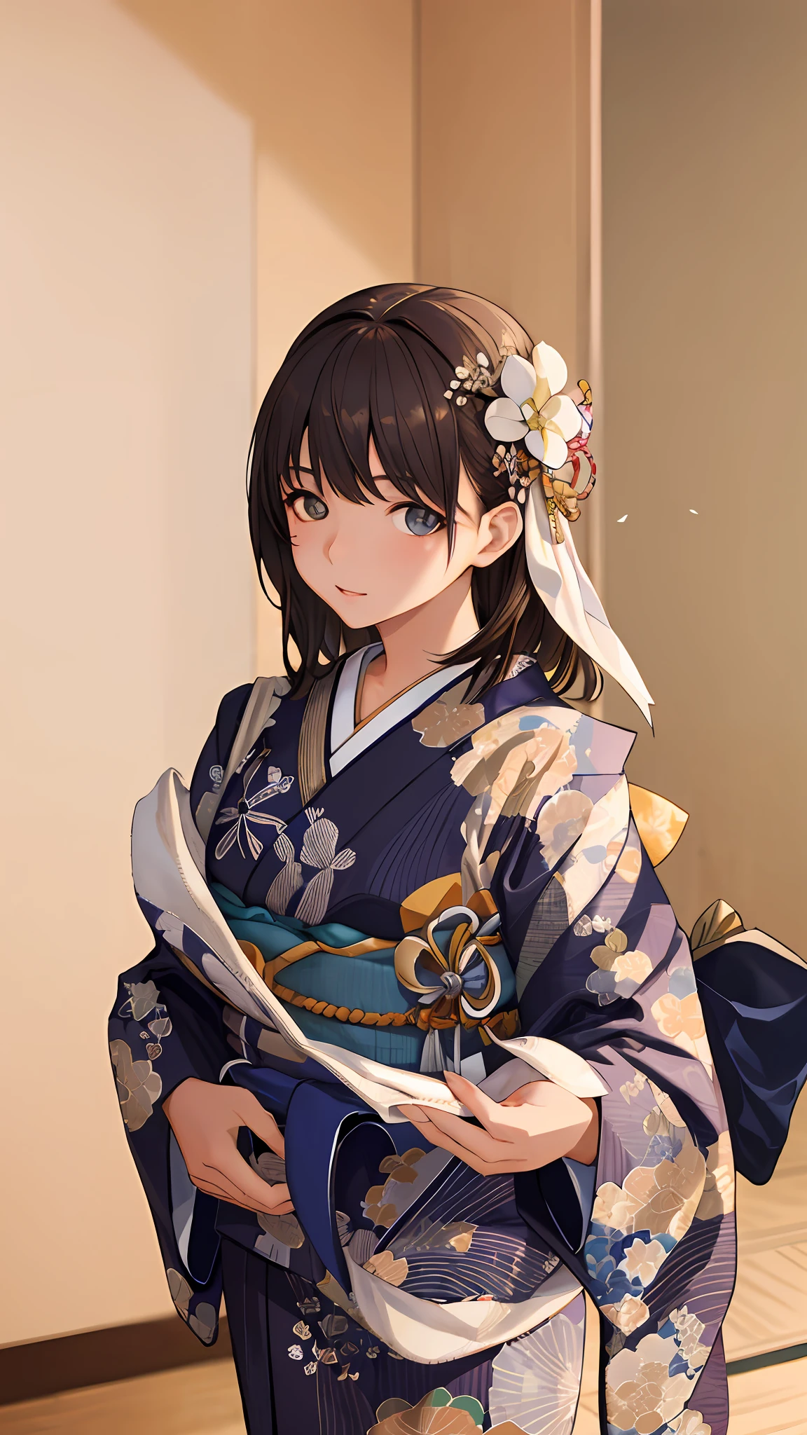 ((masterpiece)), ((best quality)), (ultra-detailed), ((extremely detailed)), 4K, (8K), best quality, (beautiful), focus on the face0, a cute girl, 1girl, solo, ((beautiful eyes))0, blushWearing kimono, detail cloth, haori, dressed, very detailed and rich clothes