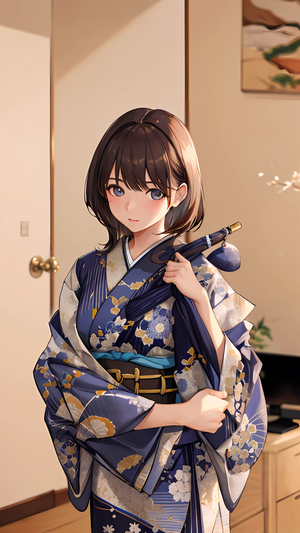 ((masterpiece)), ((best quality)), (ultra-detailed), ((extremely detailed)), 4K, (8K), best quality, (beautiful), focus on the face0, a cute girl, 1girl, solo, ((beautiful eyes))0, blushWearing kimono, detail cloth, haori, dressed, very detailed and rich clothes