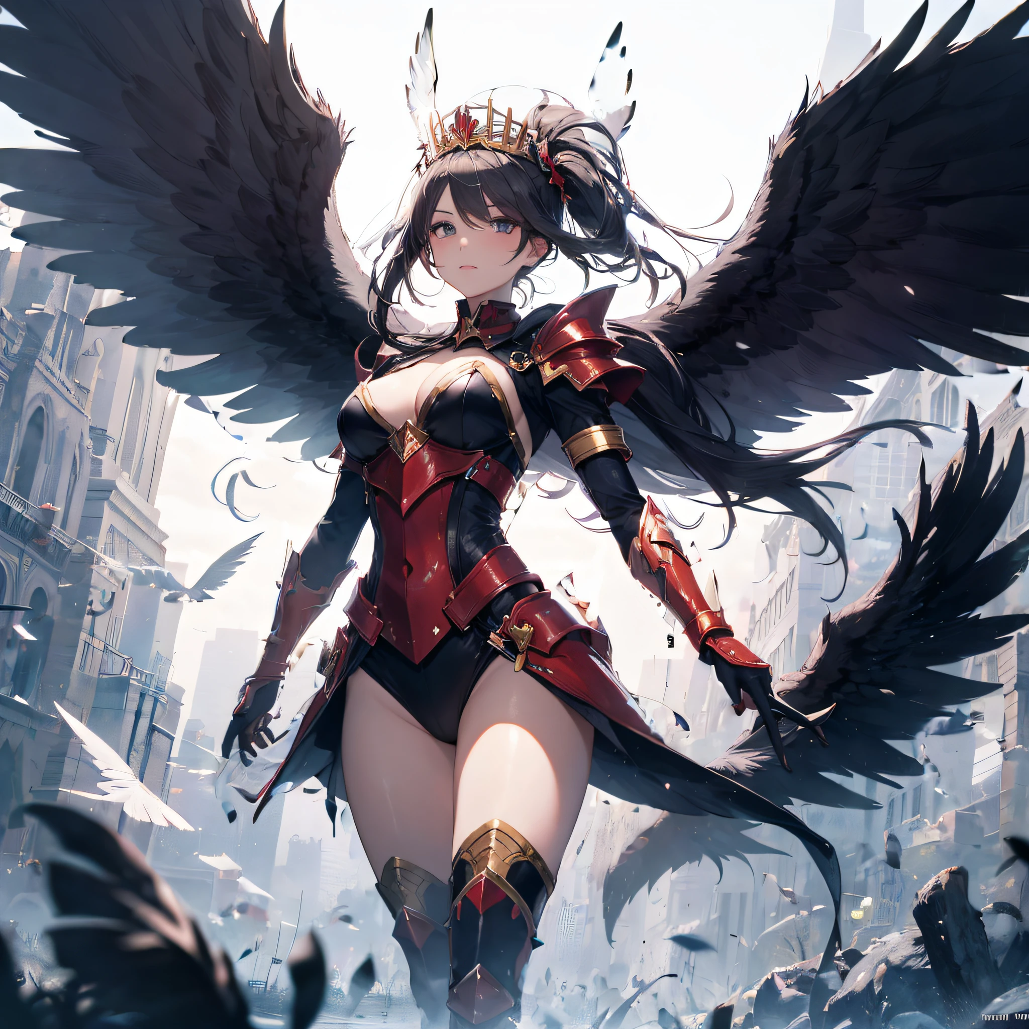 Red wings, tiara, golden armor, machete