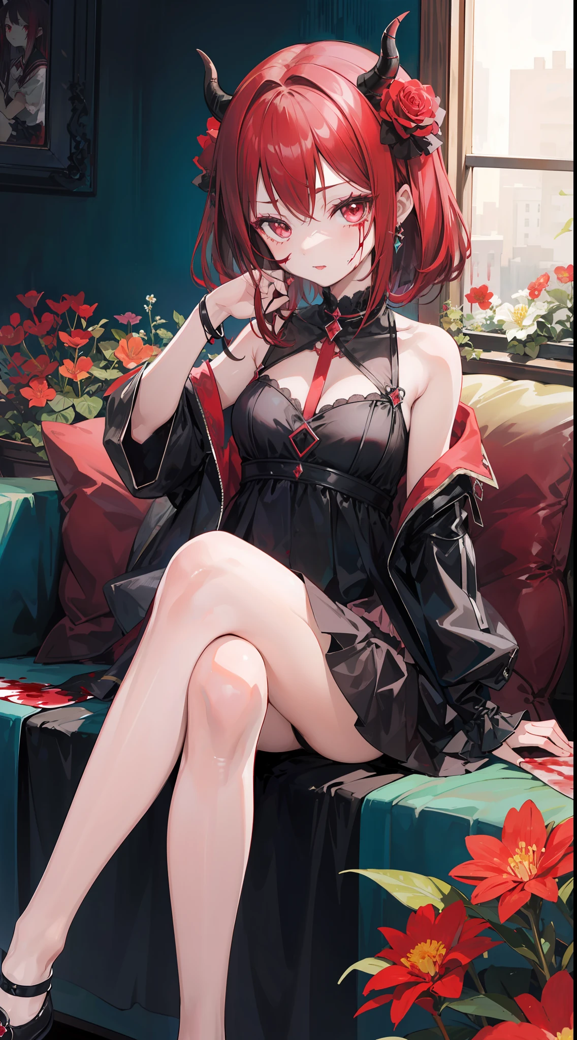 Inside the flower garden, there is a loli little girl with dark red hair, she has horns, she is an envious demon, she is sin of envy, and in have blood in her face, she sitting around flower of death