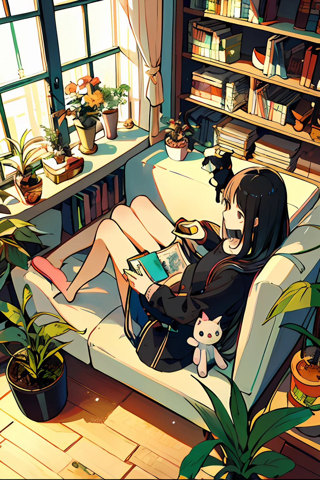 a girls, from above, plant, black hair, cat, lying, indoors, holding, long sleeves, long hair, stuffed toy, potted plant, book, food, window, phone, loaded interior, television, short hair, on back, stuffed animal, bangs, slippers, barefoot, sitting, bookshelf, shelf, cable, computer