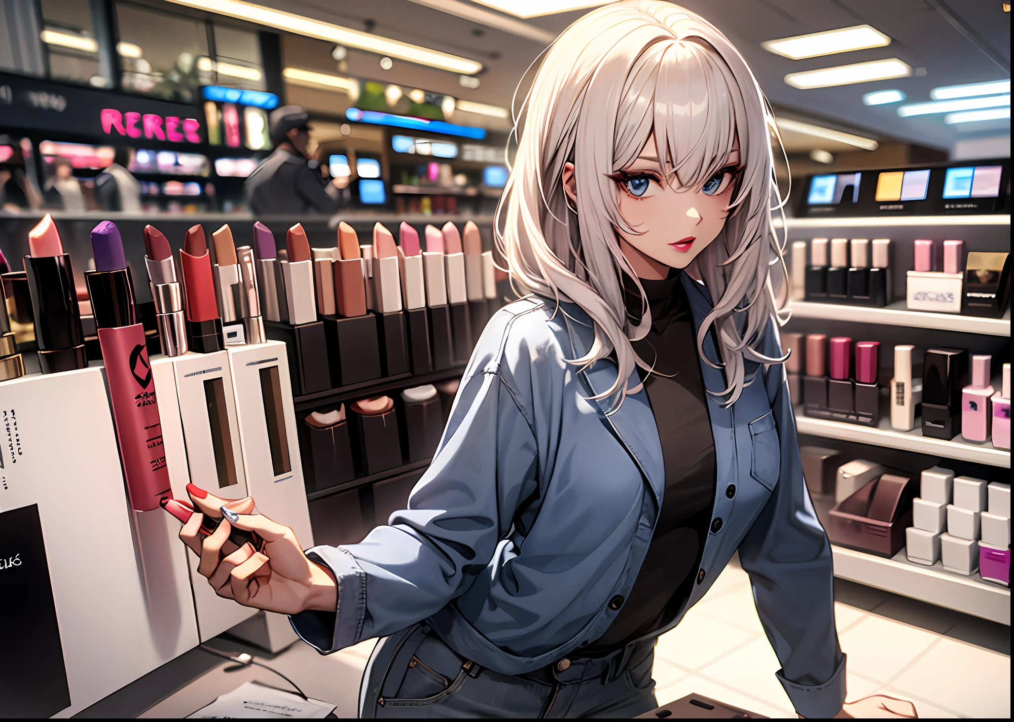 1 long white hair, shirt, denim shorts, sandals, delicate face, mall, lipstick suit in hand, lipstick on the counter, (cosmetics), (lipstick), solo