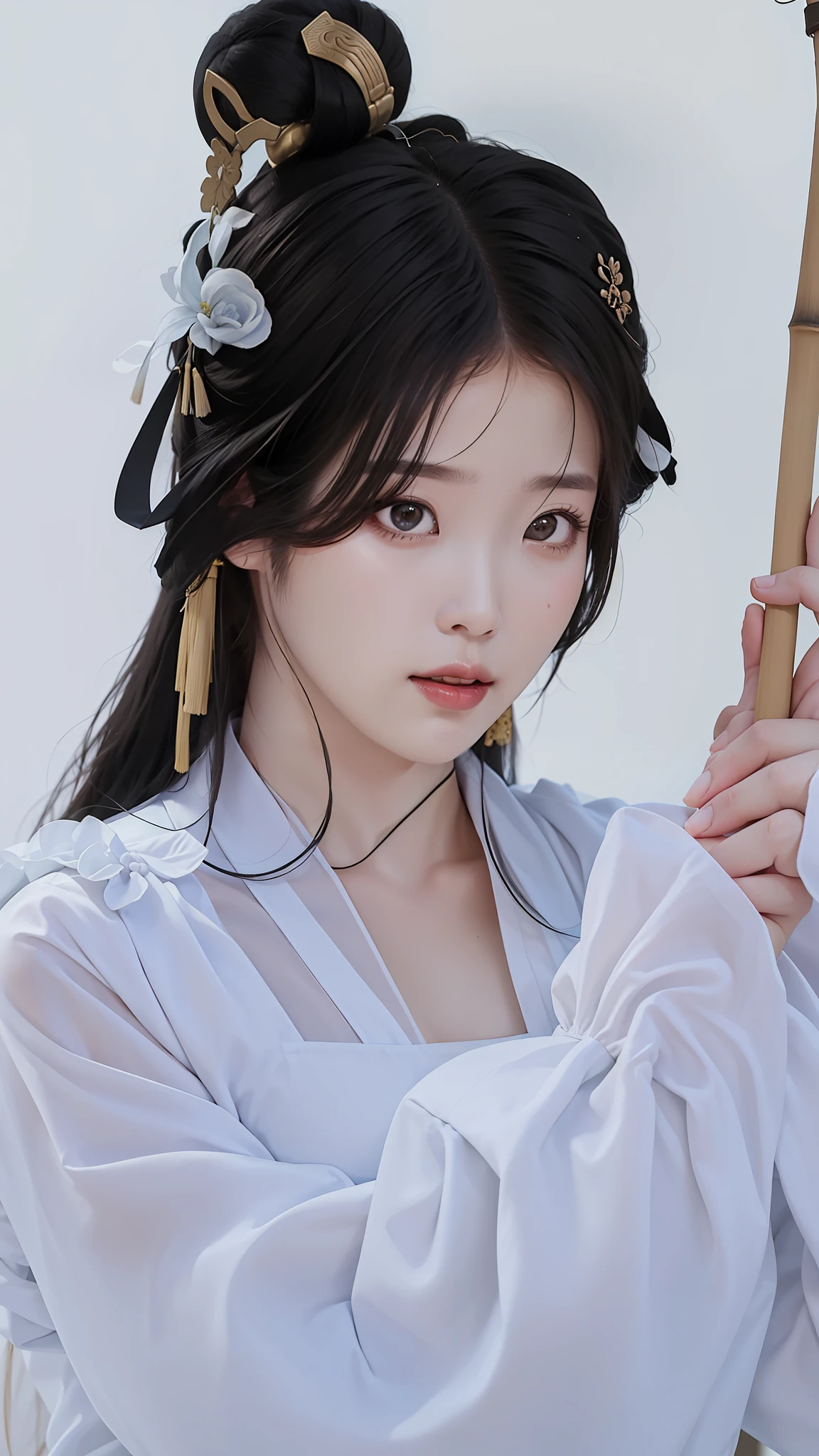 a close up of a woman in a white dress holding a bamboo stick, palace , a girl in hanfu, white hanfu, traditional beauty, chinese girl, ancient chinese beauties, chinese woman, gorgeous chinese model, beautiful south korean woman, chinese princess, beautiful maiden, chinese style, traditional chinese, wearing ancient chinese clothes, a beautiful woman in white