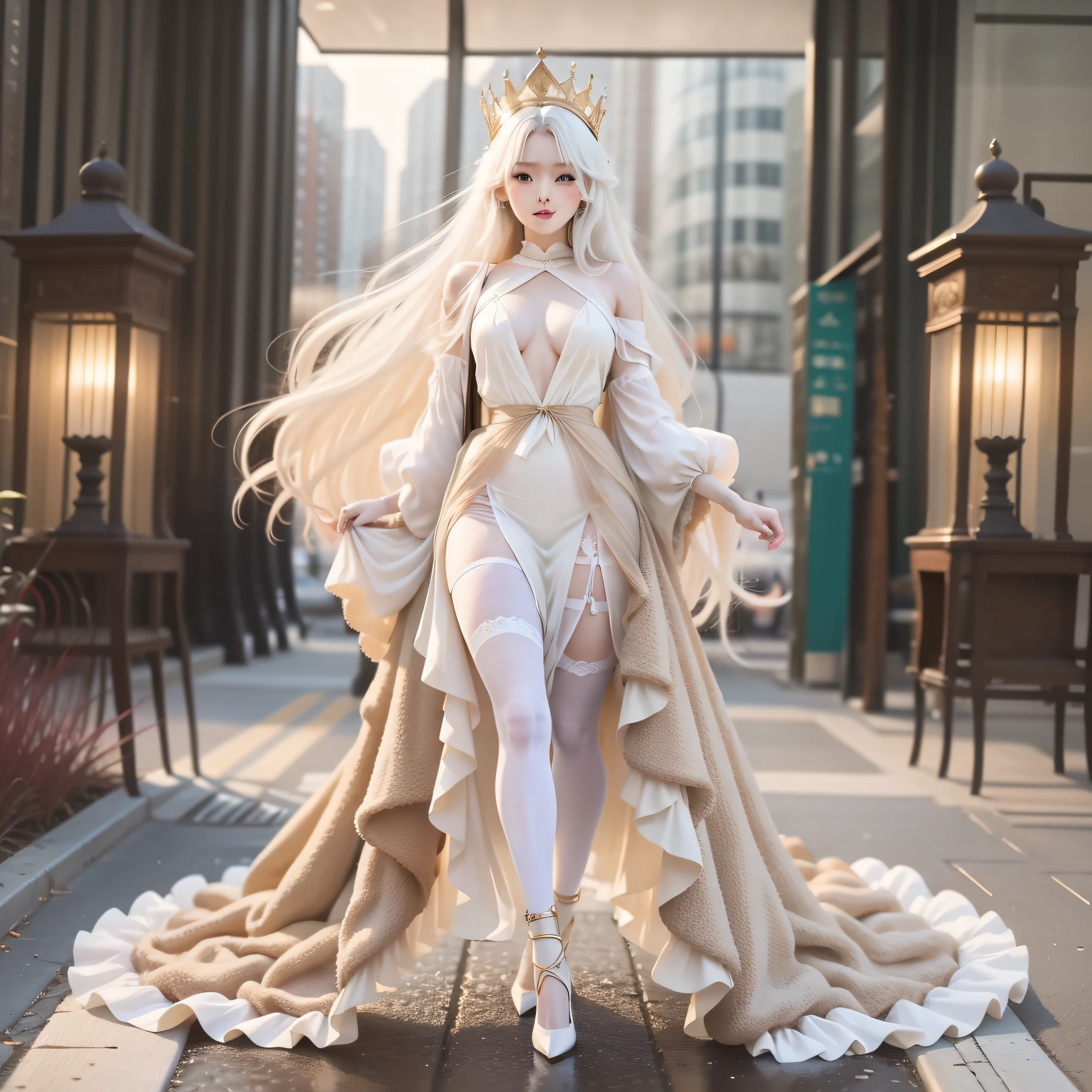 20-year-old beauty, long white hair, long white stockings, gold high heels, crown, full body picture