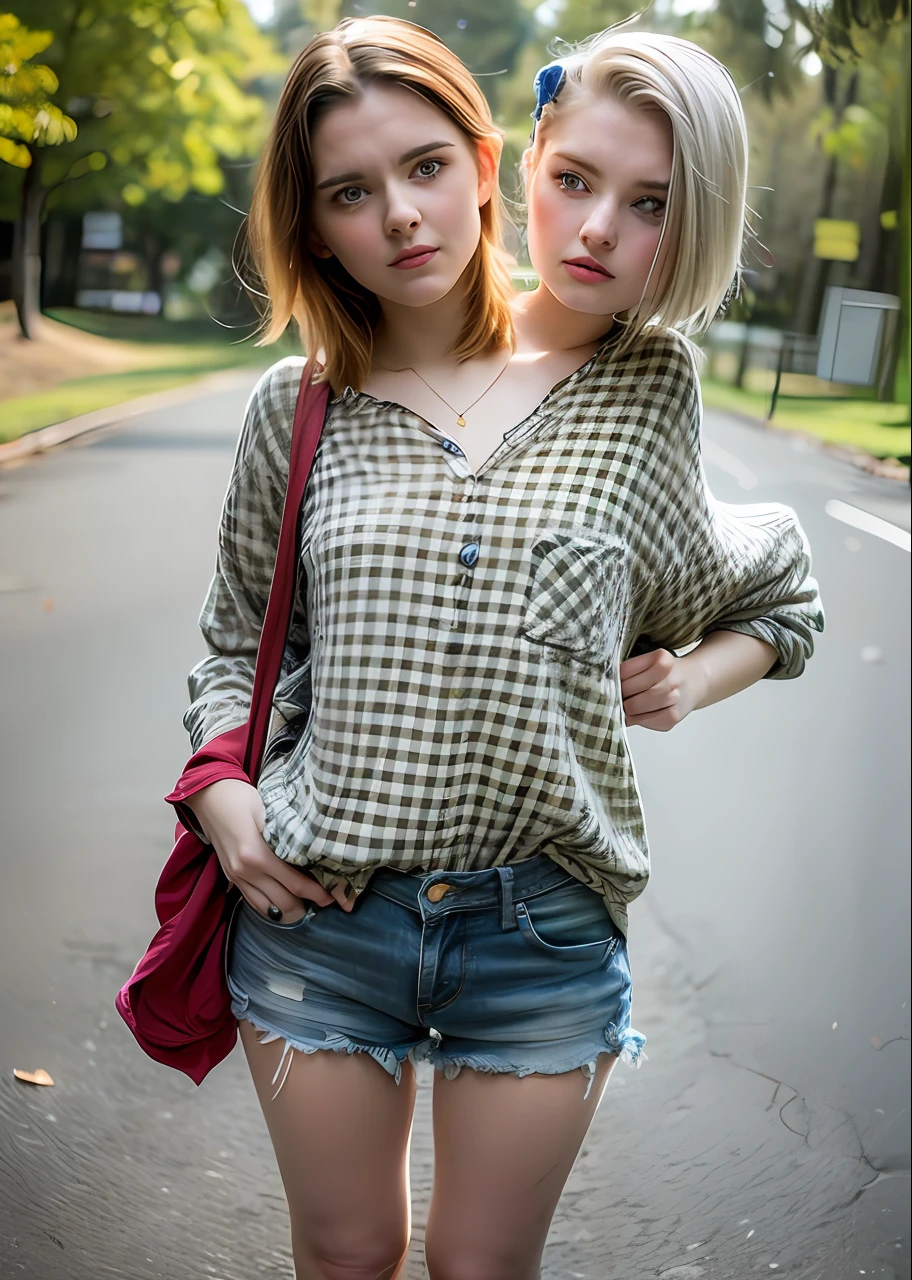 2heads, two headed girl, (one torso:1.5), pale skin, Scottish redhead, teenager, white girls, different ages, (two heads on one body:1.4), (first head uncomfortable:1.5), (second head unhappy:1.5) conjoined twins, heads side by side, one torso, young, uncomfortable, barefoot