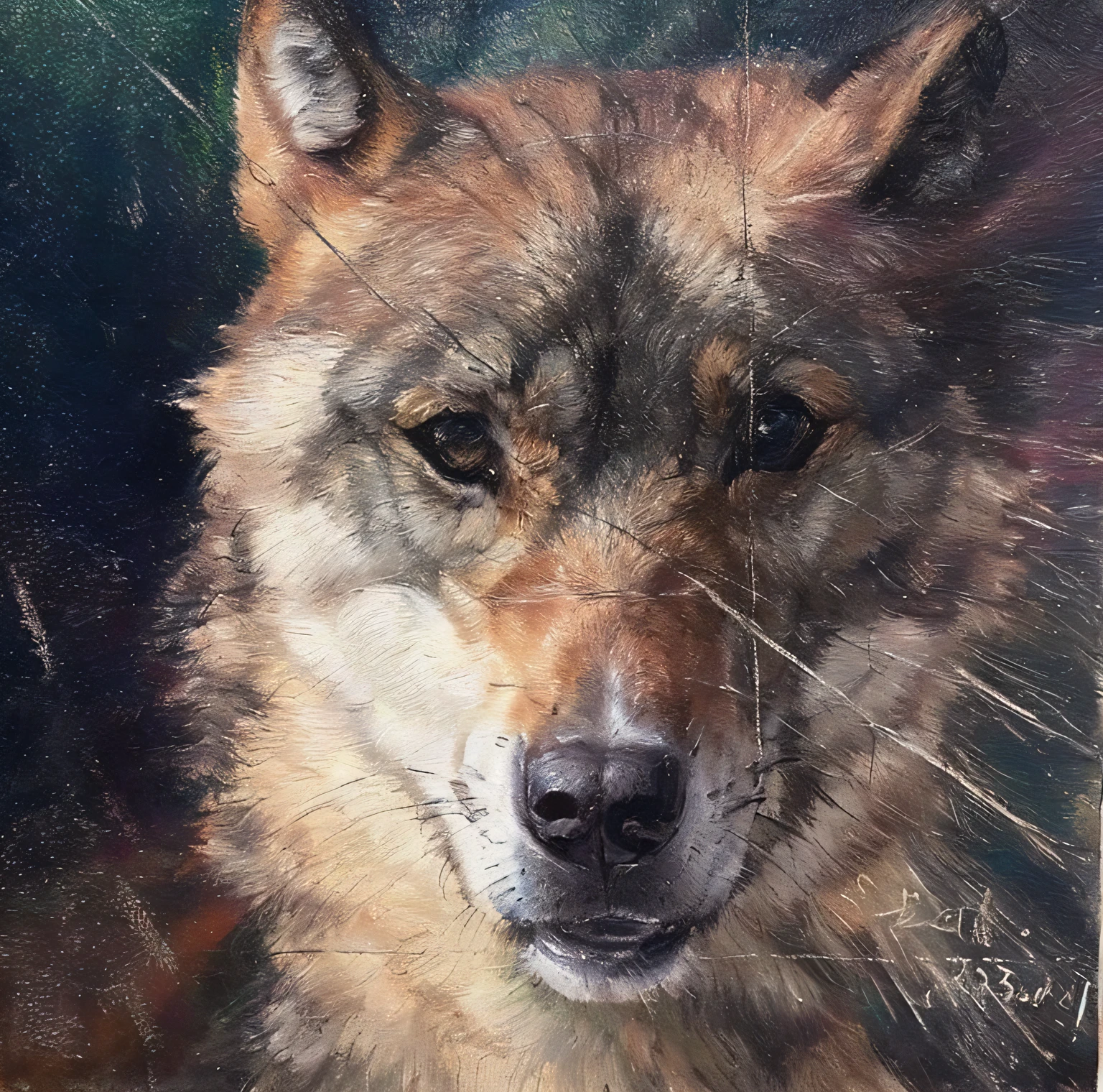 (drawn by MSE: 1.5) Wolf head, fine eyes, (aesthetics), impressionist painting,